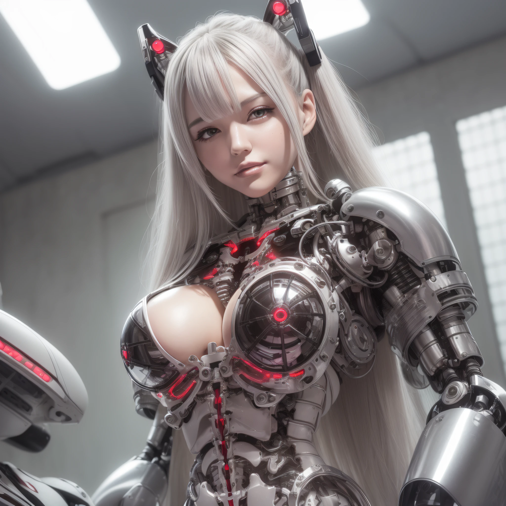 Beautiful Face,face is Japan, 1 Female, Big, Curvaceous, Top Quality, Masterpiece, Ultra Detailed, (Tube Attached Blood Vessel)((Bikini Cyborg Robot Parts)))), (Light Grey Hair), Long Hair, Wavy Hair, Twin Tails, Medium Shot, (((Seductive Smile)), (Black Eyes), Princess Cut,From Below, (whole body ),posing,,in the laboratory,( blood vessel connected to a tube),((mechanical vertebrae attached to the back)),((mechanical neck attached to the neck)),(wire cable attached to the head and body),(character focus),science fiction,