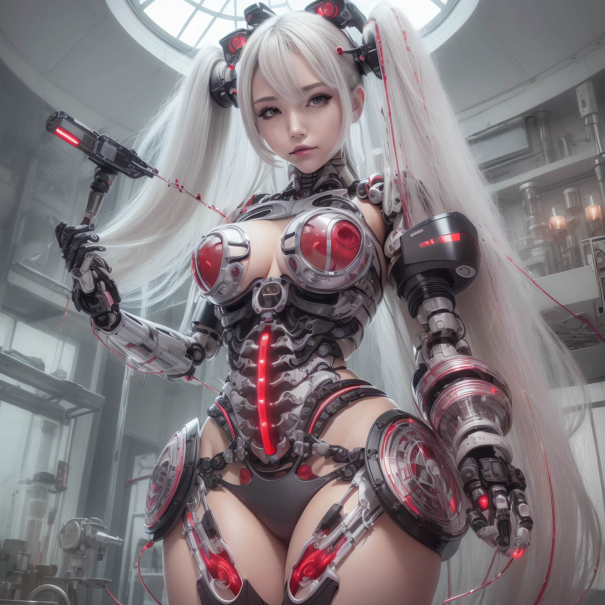 Beautiful Face,face is Japan, 1 Female, Big, Curvaceous, Top Quality, Masterpiece, Ultra Detailed, (Tube Attached Blood Vessel)((Bikini Cyborg Robot Parts)))), (Light Grey Hair), Long Hair, Wavy Hair, Twin Tails, Medium Shot, (((Seductive Smile)), (Black Eyes), Princess Cut,From Below, (whole body ),posing,,in the laboratory,( blood vessel connected to a tube),((mechanical vertebrae attached to the back)),((mechanical neck attached to the neck)),(wire cable attached to the head and body),(character focus),science fiction,