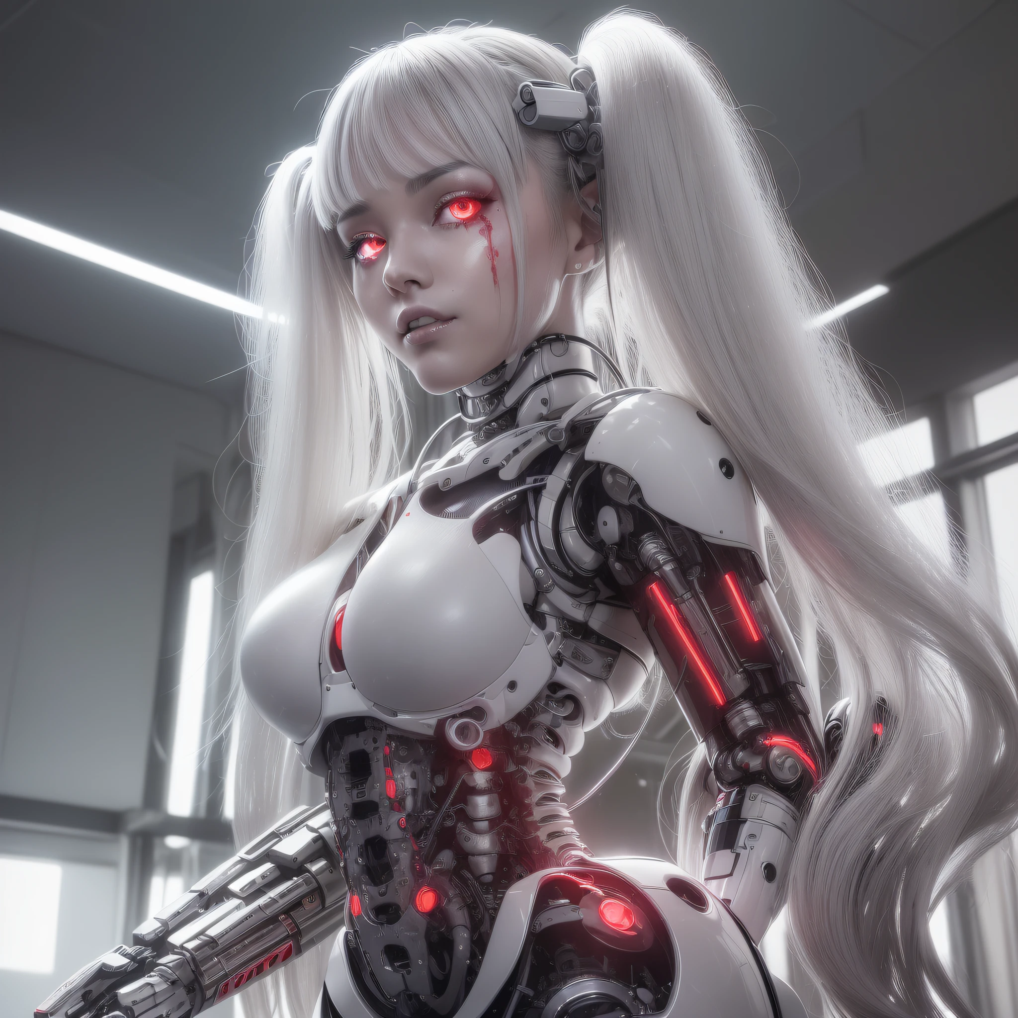 Beautiful Face,face is Japan, 1 Female, Big, Curvaceous, Top Quality, Masterpiece, Ultra Detailed, (Tube Attached Blood Vessel)((Bikini Cyborg Robot Parts)))), (Light Grey Hair), Long Hair, Wavy Hair, Twin Tails, Medium Shot, (((Seductive Smile)), (Black Eyes), Princess Cut,From Below, (whole body ),posing,,in the laboratory,( blood vessel connected to a tube),((mechanical vertebrae attached to the back)),((mechanical neck attached to the neck)),(wire cable attached to the head and body),(character focus),science fiction,