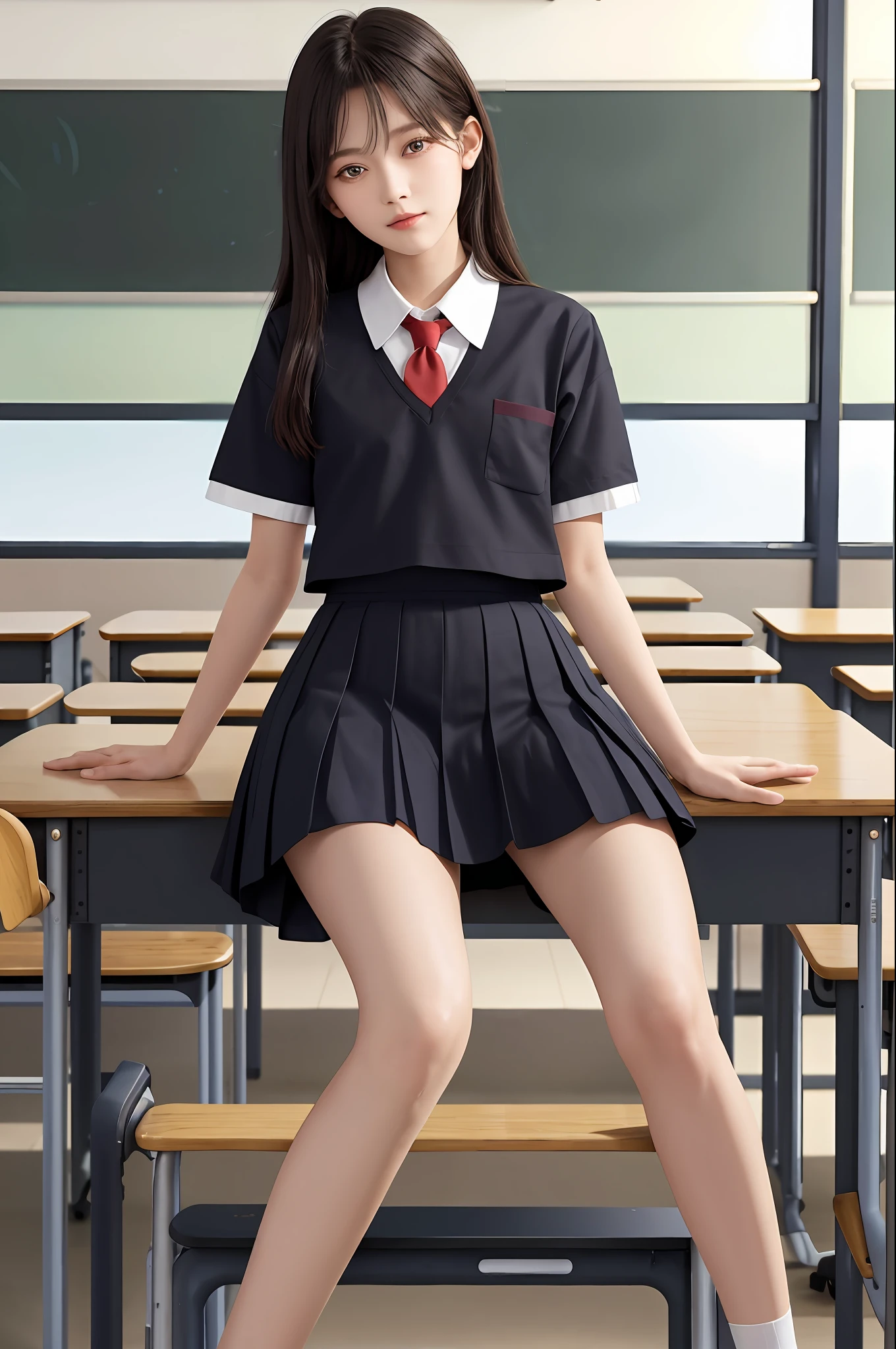 masterpiece, top quality, ultra high definition, colorful, flat color, depth of field, lens flare

1 girl, black hair, watching viewer, 18 years old, school, classroom, pleated mini skirt, school uniform, seravuk, detailed touch, detailed cloth texture, beautiful detailed face, whole body, diagonally from below