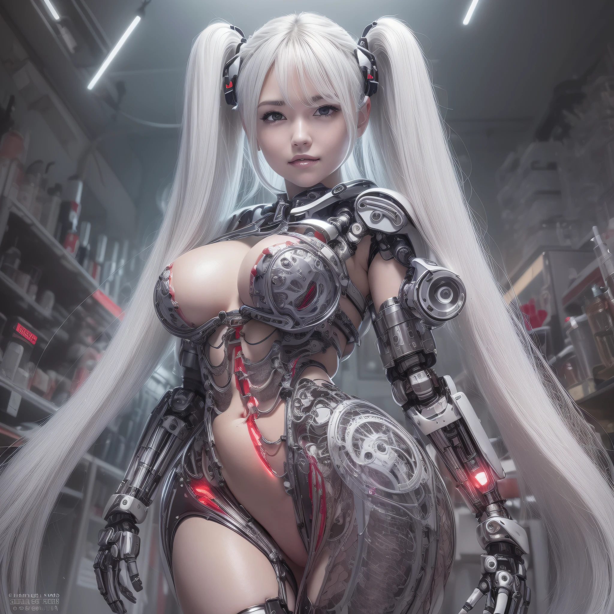 Beautiful Face,face is Japan, 1 Female, Big, Curvaceous, Top Quality, Masterpiece, Ultra Detailed, (Tube Attached Blood Vessel)((Bikini Cyborg Robot Parts)))), (Light Grey Hair), Long Hair, Wavy Hair, Twin Tails, Medium Shot, (((Seductive Smile)), (Black Eyes), Princess Cut,From Below, (whole body ),posing,,in the laboratory,( blood vessel connected to a tube),((mechanical vertebrae attached to the back)),((mechanical neck attached to the neck)),(wire cable attached to the head and body),(character focus),science fiction,