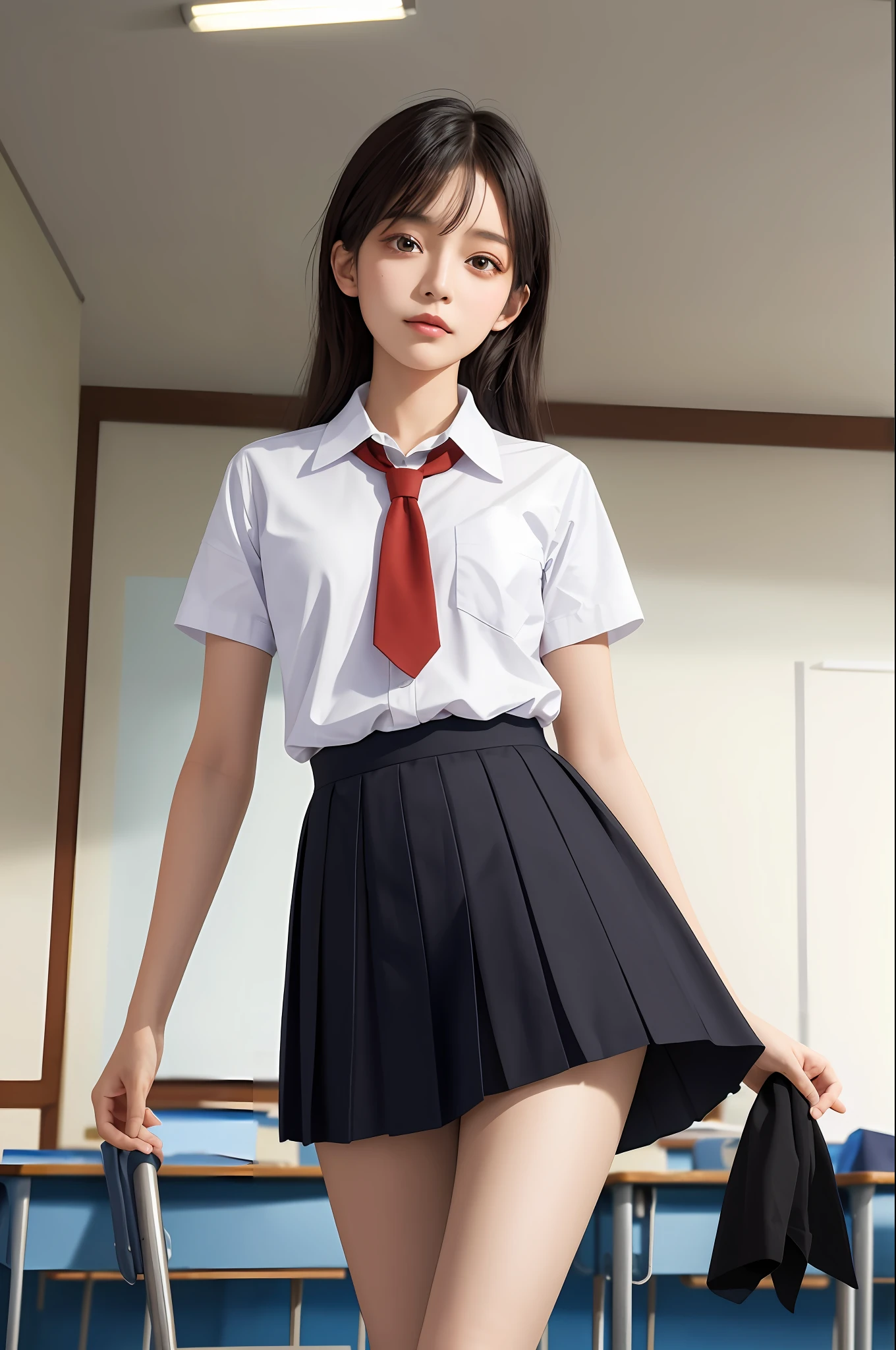 masterpiece, top quality, ultra high definition, colorful, flat color, depth of field, lens flare
1 girl, black hair, watching viewer, 18 years old, school, classroom, pleated mini skirt, school uniform, seravuk, detailed touch, detailed cloth texture, beautiful detailed face, whole body, diagonally from below