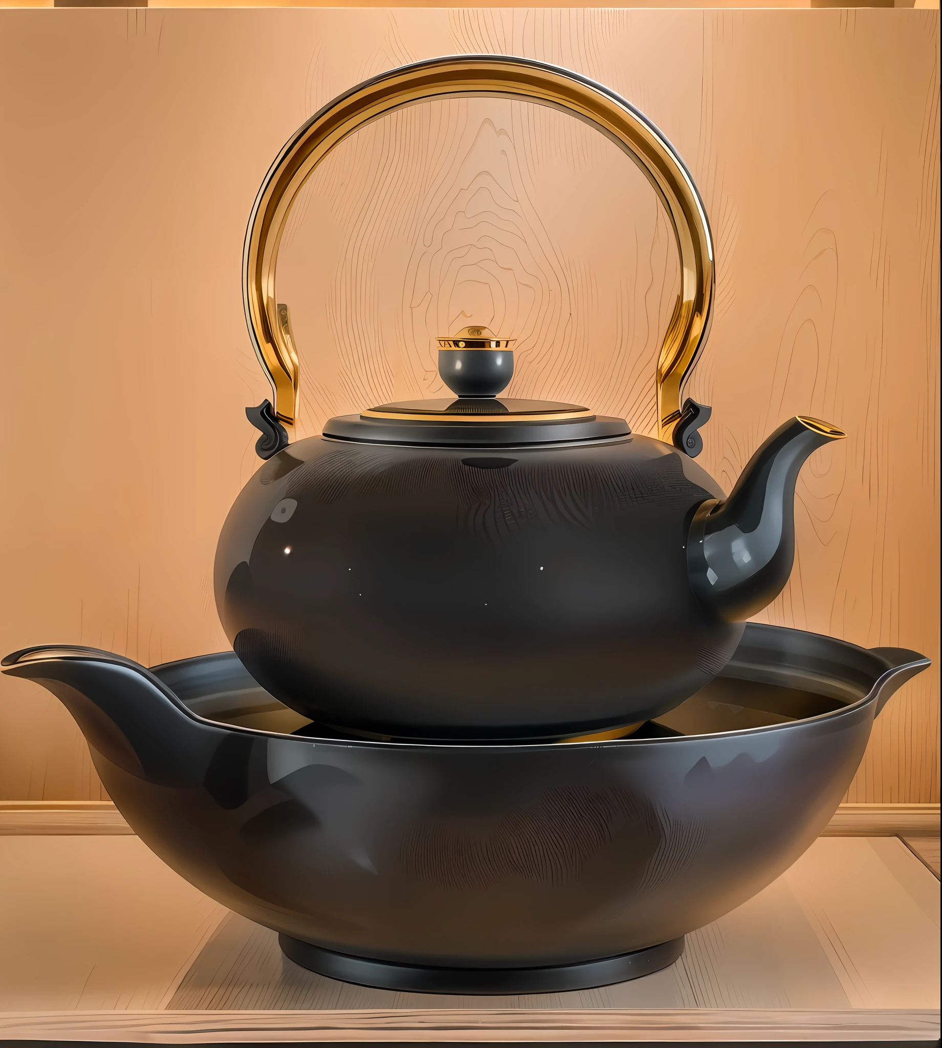 On the bowl is a teapot, inspired by Sesshū Tōyō, kettle, large black kettle on the hearth, teapot, teapot, teapot, gorgeous porcelain tea set, teapot: 1, inspired by Renzheng Doben, inspired by Emperor Xuande, ceramics, glazed ceramics, Buddhist cultural style, interior lighting