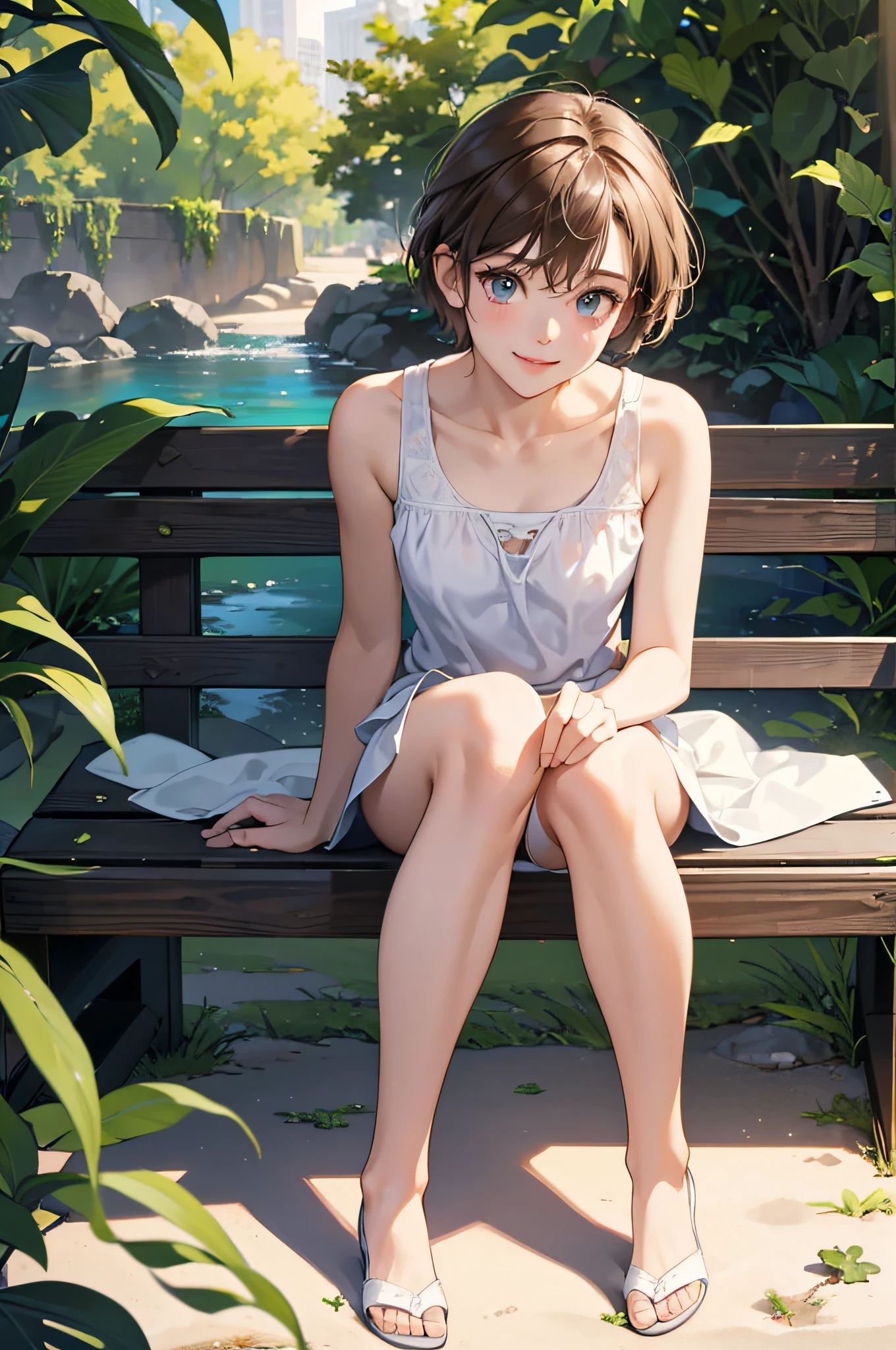 (8k, highest quality, masterpiece: 1.2), ultra detail, best quality, ultra high resolution, professional lighting, photon mapping, radiosity, physically based rendering, cinematic lighting, depth of field, focusing, sun rays, good composition, (bokeh: 1.2), 1 girl, (full body), smile, beautiful eyes, pose, brown hair, short hair, seashore, skirt, tank top, sitting on bench,open legs,white panties,nice legs,