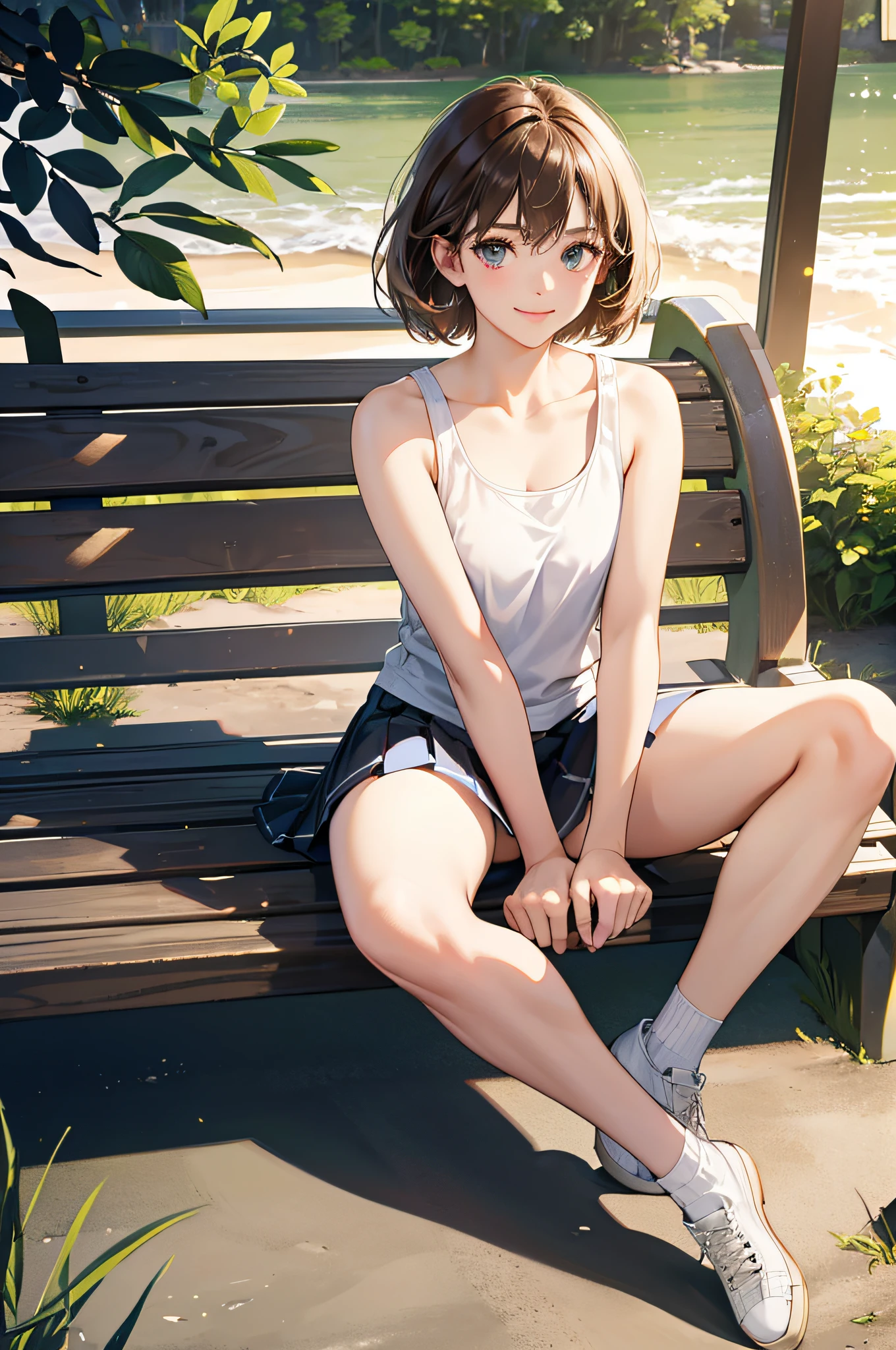 (8k, highest quality, masterpiece: 1.2), ultra detail, best quality, ultra high resolution, professional lighting, photon mapping, radiosity, physically based rendering, cinematic lighting, depth of field, focusing, sun rays, good composition, (bokeh: 1.2), 1 girl, (full body), smile, beautiful eyes, pose, brown hair, short hair, seashore, skirt, tank top, sitting on bench,open legs,white panties,nice legs,