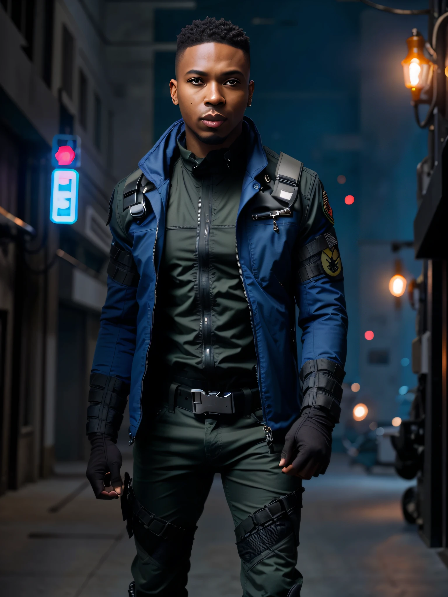 brown skin, strong, menacing face, military cut hair