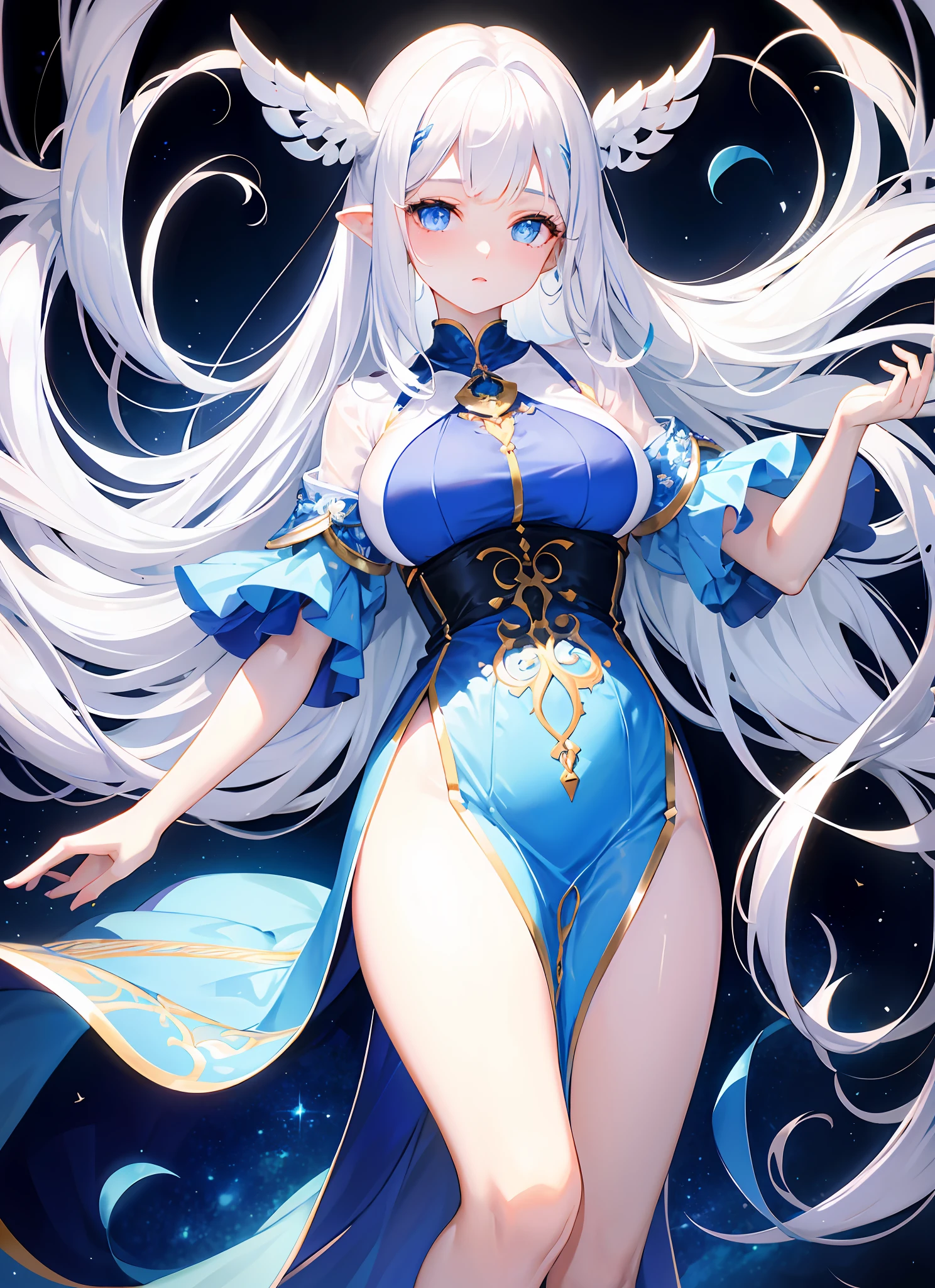 Sexy very beautiful face, slightly larger breasts, shiny shiny white shiny skin, long bangs between the eyes, shiny beautiful silky platinum blonde, super long straight and silky double ponytail, beautiful 14 years old, beautiful cute light blue big eyes close to white, beautiful beautiful cute girl, baby face, short sleeve shirt
