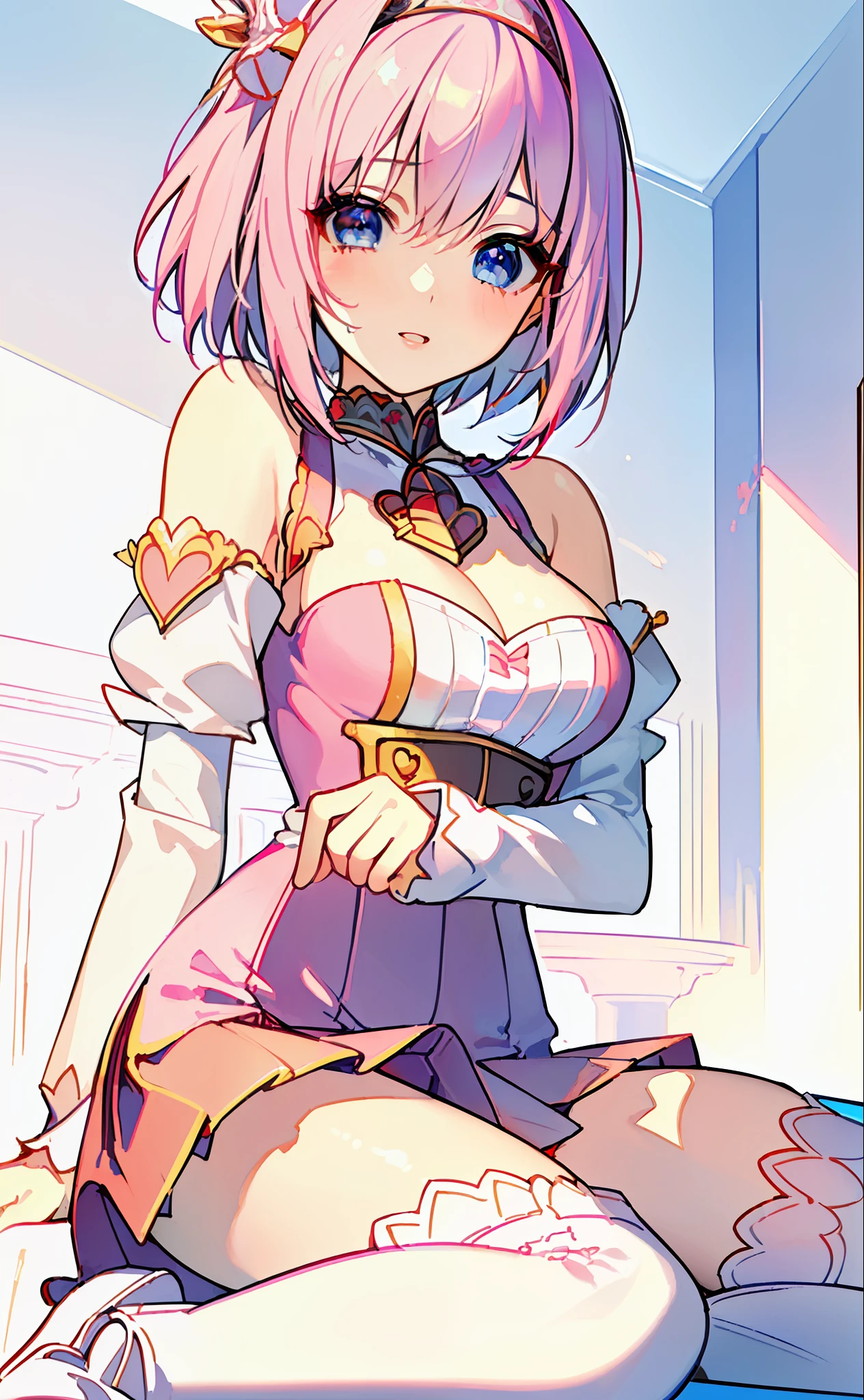 18 year old beautiful girl, ((((Masterpiece)))), ((Best quality)))), ((((Very detailed))), detailed fingers, illustration, 1 girl, Solo, Sae eyes, Blue eyes, Pink bob cut, Shoulder out, Wide open chest, Red mini skirt, pink knee socks, White long boots, Large breasts, Royal Elegant Pose, YUI