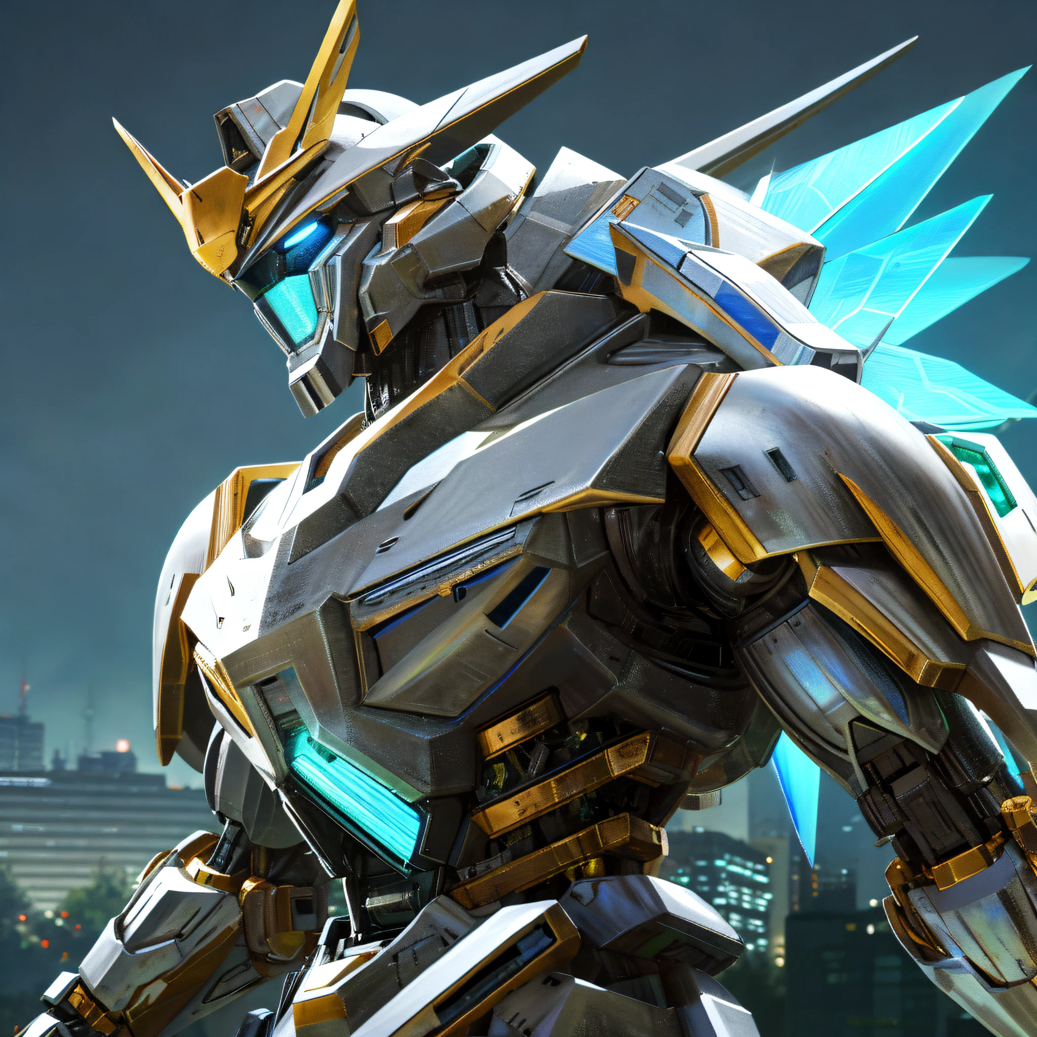 a robot, best quality, highly detailed, ultra-detailed, masterpiece, 8k wallpaper, blue eyes, bad anatomy, absurdres,  highres, super fine illustration, absurdres, solo, game cg, lord,at night, (blacklight:1), (detailed beautiful face and eyes:1), command spell,mecha musume,mechanical parts, robot joints, headgear,full armor, silver theme,glowing eyes, mecha,huge body,upper body, city
