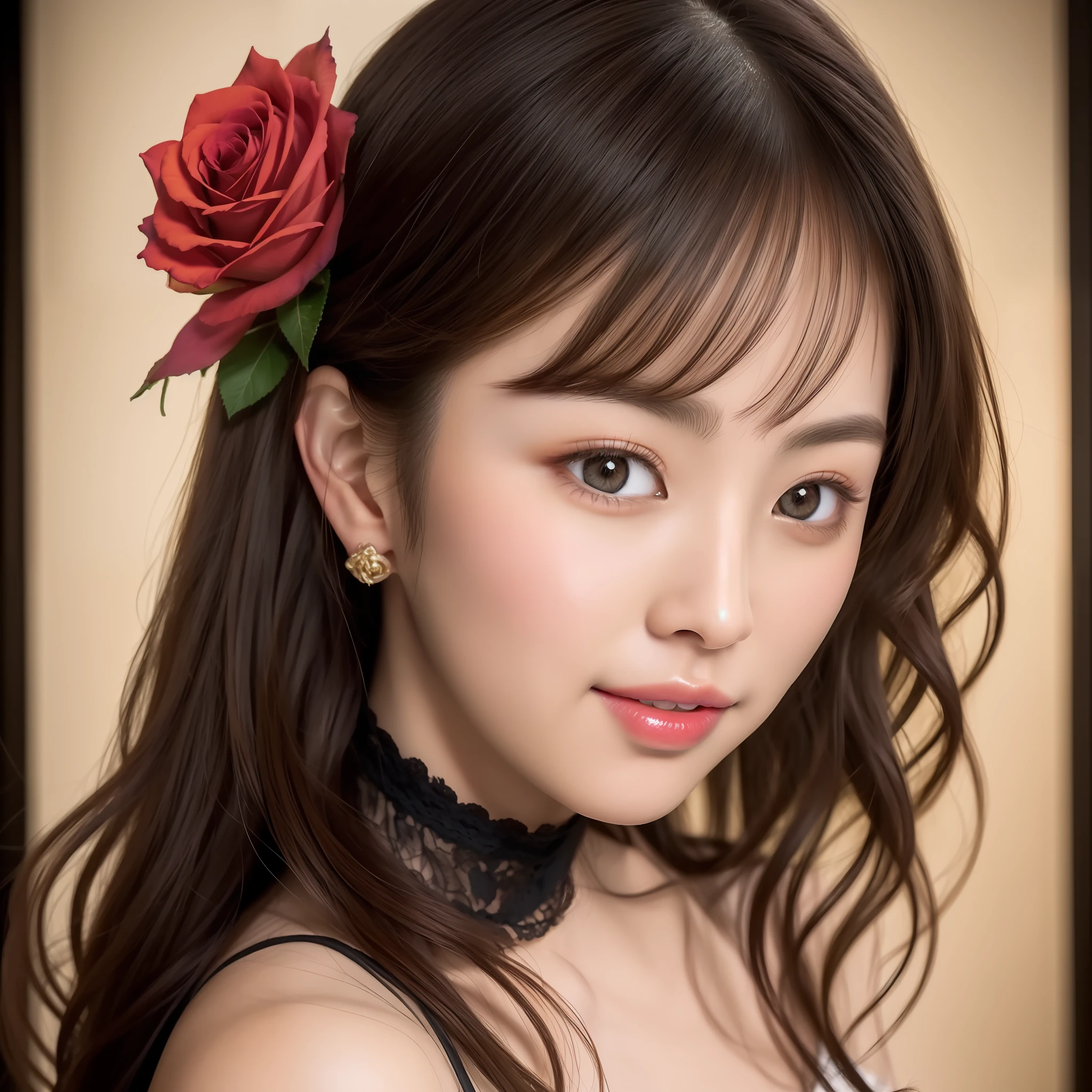 Beautiful Japan woman, nice perfect face with soft skin, small face with nose and rose-like lips, beautiful eyes, beautiful smile. Black, thin long beautiful hair bathed in a bright etheric glow, facing the front in the center, extreme close-up shot, beige ensemble knit and wide pants, bright colorful background, photorealistic, masterpiece, highest quality, ultra detail, HDR, 8K