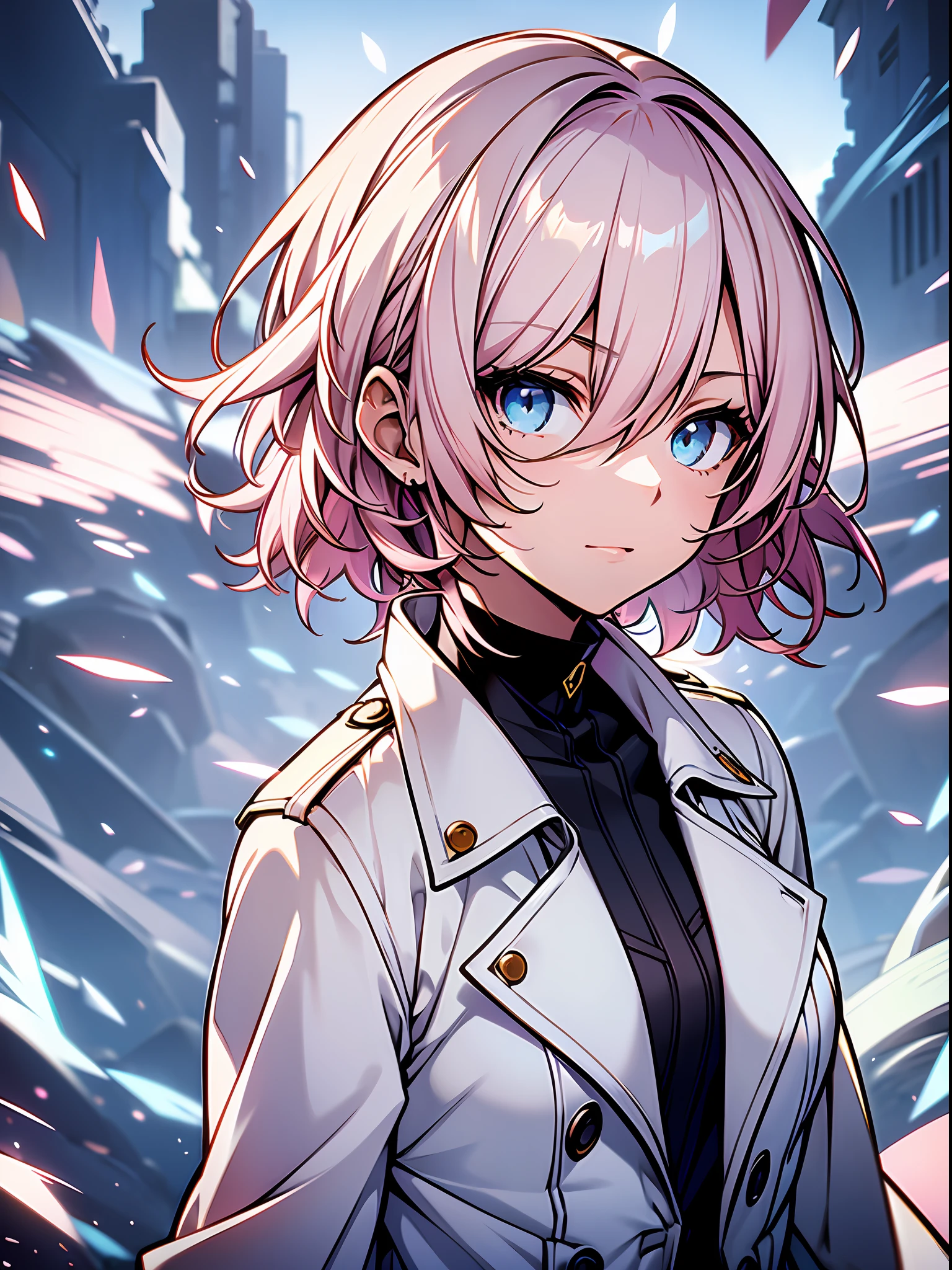 Exquisite masterpiece, best quality, illustration style, an anime girl with pink hair, short hair, crossroads, gentle and playful, white trench coat, powder blue gradient eyes, small, casual dress, long-range shooting, hem blown by the wind, youthful and beautiful, dynamic posture contains the golden section, large aperture portrait, picture white, strong contrast between light and shadow, super texture, bright tone, the picture is super clear and concise, presenting extreme beauty, elegant temperament, delicate facial expressions, background blur