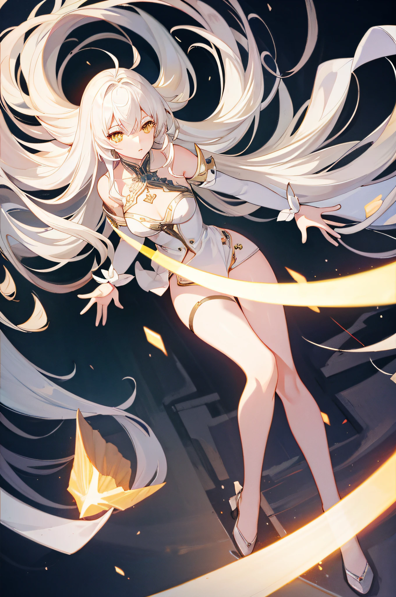 an extremely delicate and beautiful CG illustration, best quality, high resolution, dynamic angle, full-length shot, (1girl), yellow eyes and straight long white hair, floating, soft light, high-key lighting)