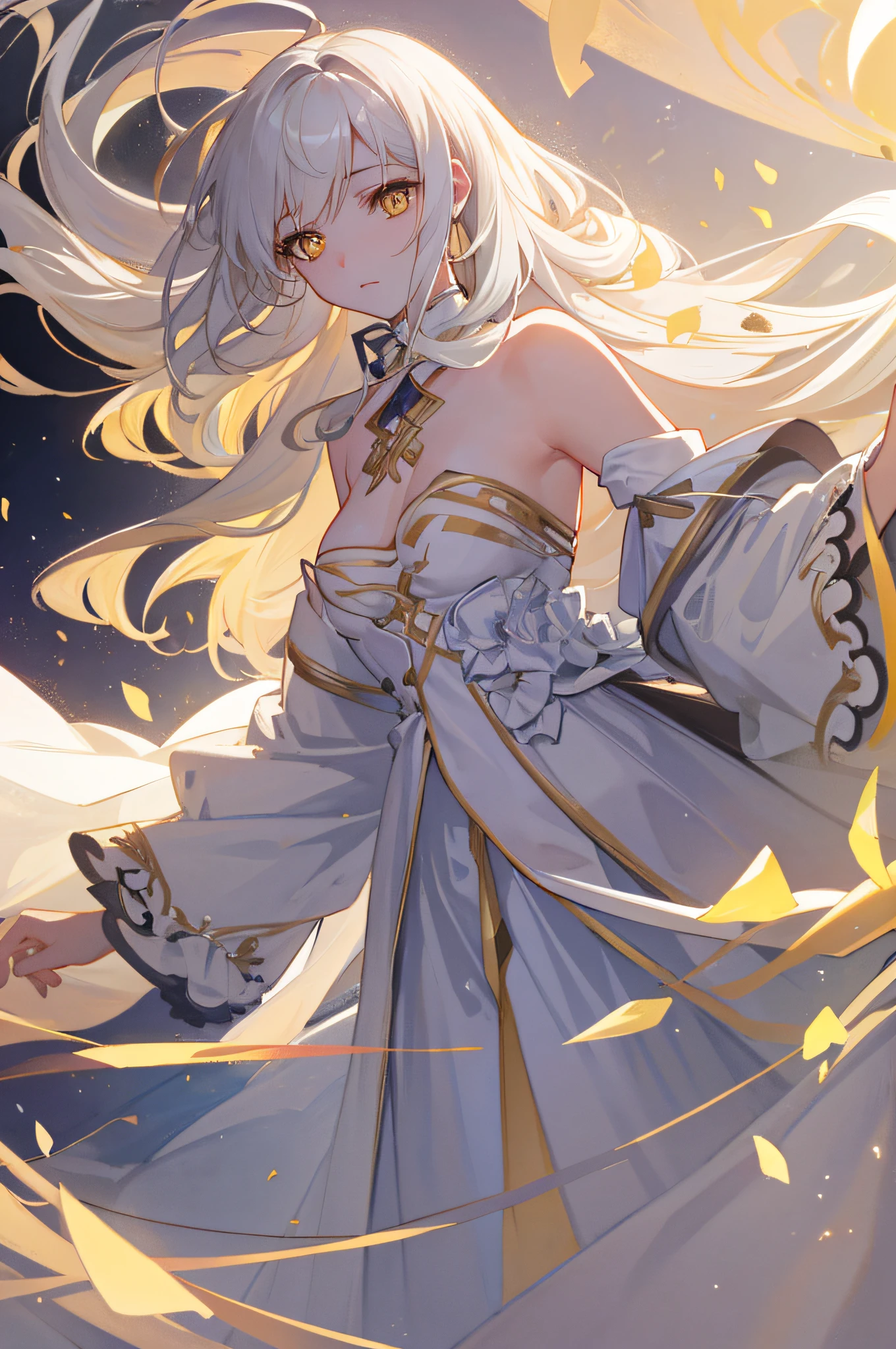 an extremely delicate and beautiful CG illustration, best quality, high resolution, dynamic angle, full-length shot, (1girl), yellow eyes and straight long white hair, floating, soft light, high-key lighting)