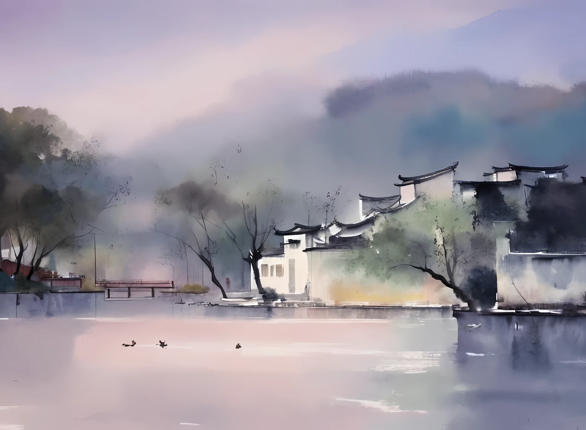 Watercolor painting, Jiangnan architecture, countryside, lake water, ducks, hazy fog, dreamy colors,
