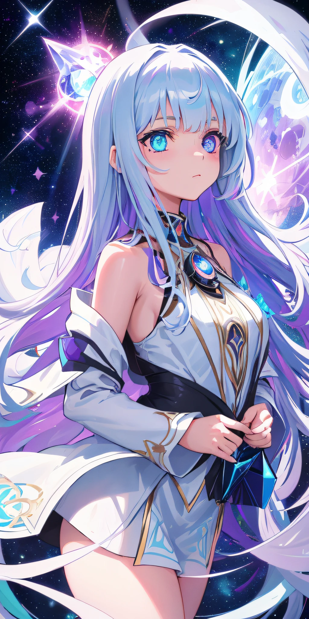 A girl in space captivates with her ((heterochromatic eyes)), each iris displaying a unique and enchanting color combination. Her eyes shimmer like celestial gems, reflecting the wonders of the cosmos. The illustrative style takes inspiration from the ethereal works of Jasmine Becket-Griffith, known for her enchanting and fantastical character illustrations. The color palette combines celestial shades of blues, purples, and hints of stardust-like glimmers. The camera angle captures the girl in a contemplative gaze, highlighting the mesmerizing beauty of her heterochromatic eyes amidst the vastness of space.