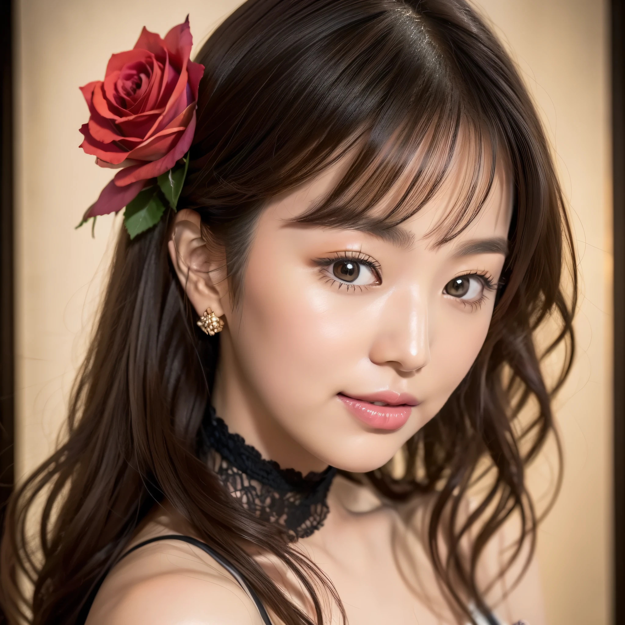 Beautiful Japan woman, nice perfect face with soft skin, small face with nose and rose-like lips, beautiful eyes, beautiful smile. Black, thin long beautiful hair bathed in a bright etheric glow, facing the front in the center, extreme close-up shot, beige ensemble knit and wide pants, bright colorful background, photorealistic, masterpiece, highest quality, ultra detail, HDR, 8K