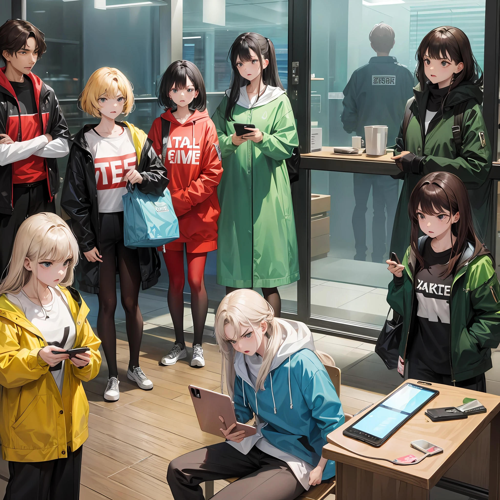 A group of people with phones in their hands, looking angry, there were men, there were women, in the room