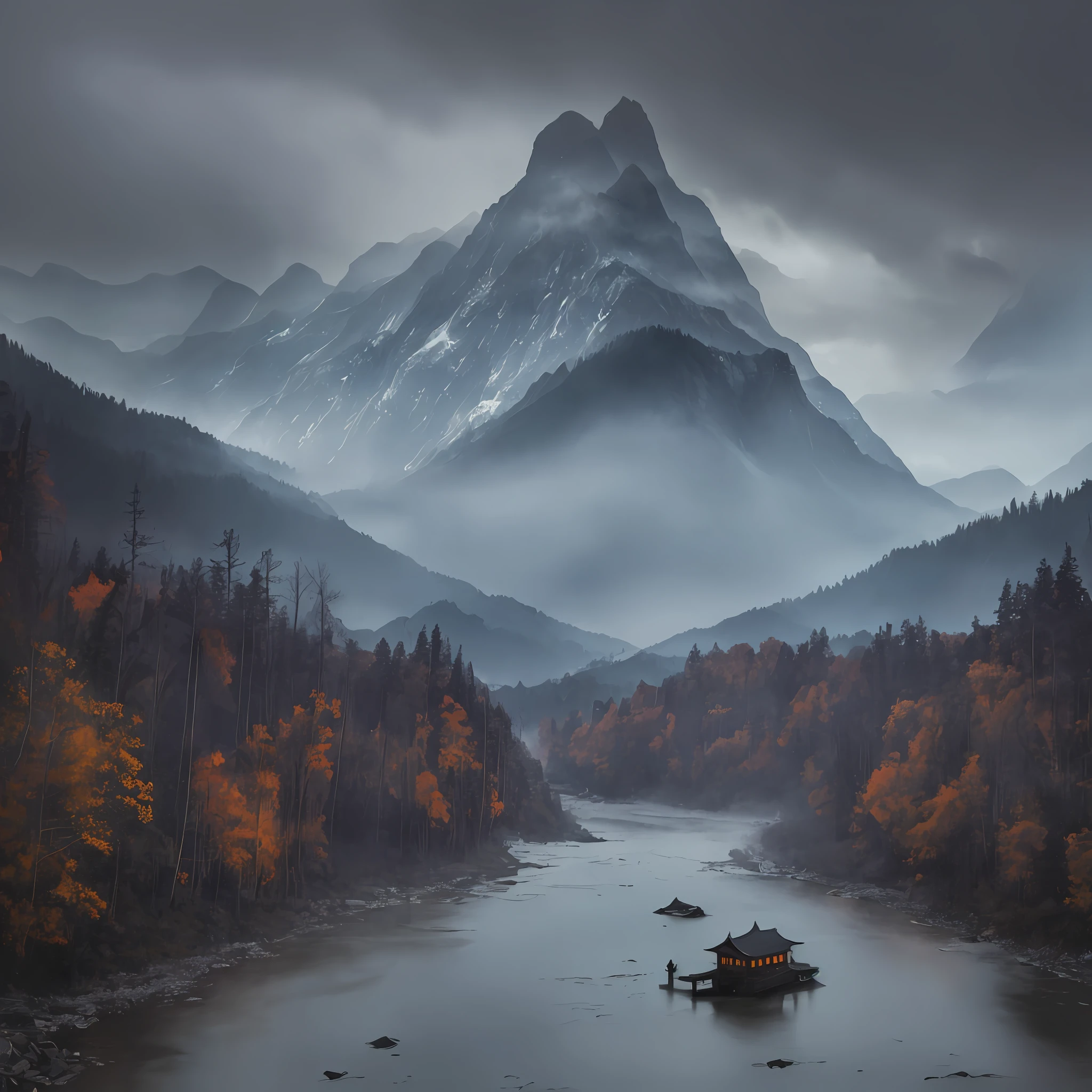 The whole picture is filled with darkness and horror (gloom: 1.4, horror: 1.4), with towering mountains (mountains: 1.3) in the distance and dark water streams (water flow: 1.3) nearby. In this picture, Li Ming skillfully uses the effect of night (night: 1.4), making every detail of the landscape full of mystery and horror. The whole picture is shrouded in a gloomy atmosphere, which makes people feel dull and depressed. This work seems to convey an unspeakable message of horror, a bold attempt by Li Ming (bold: 1.3) and a masterpiece of modern horror art (masterpiece: 1.5). --auto --s2