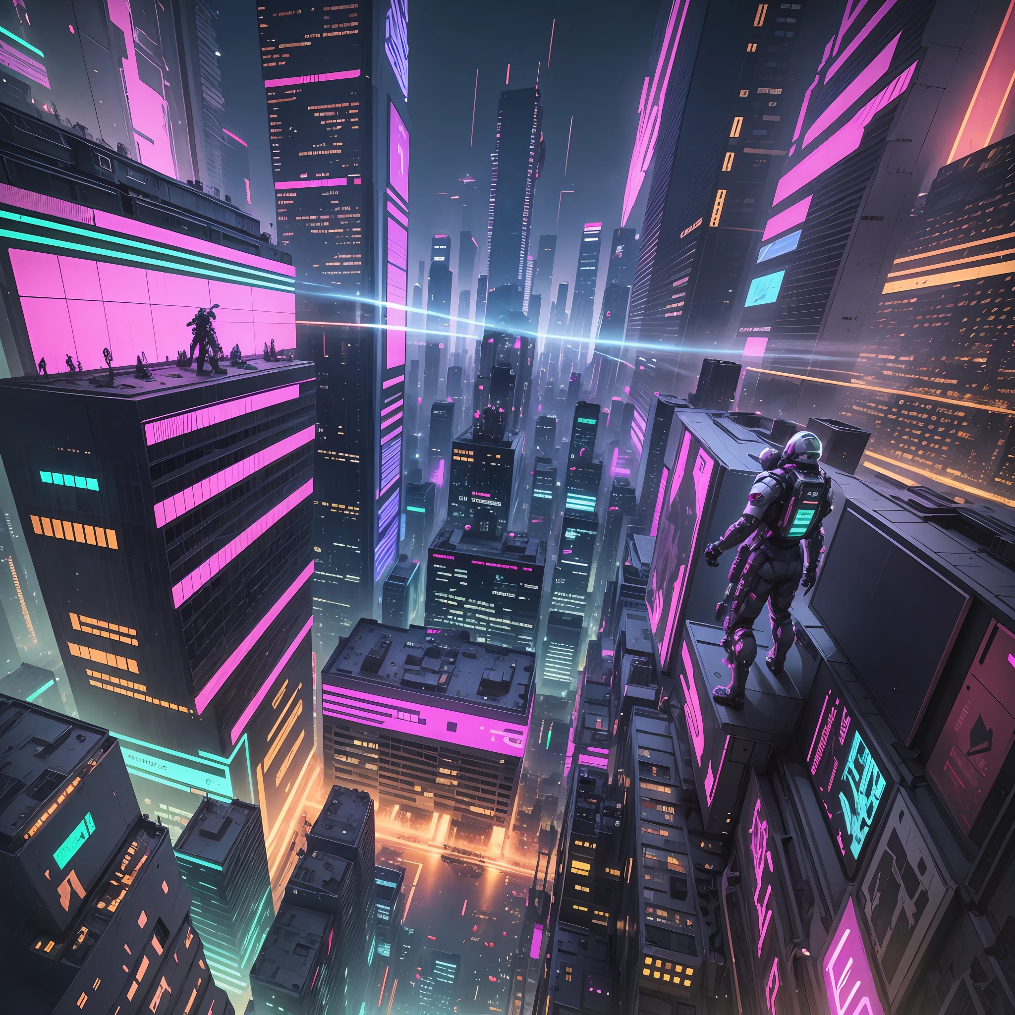 Cyberpunk, flying machines, men, exoskeletons, neon, night, over the city, futuristic city --auto --s2