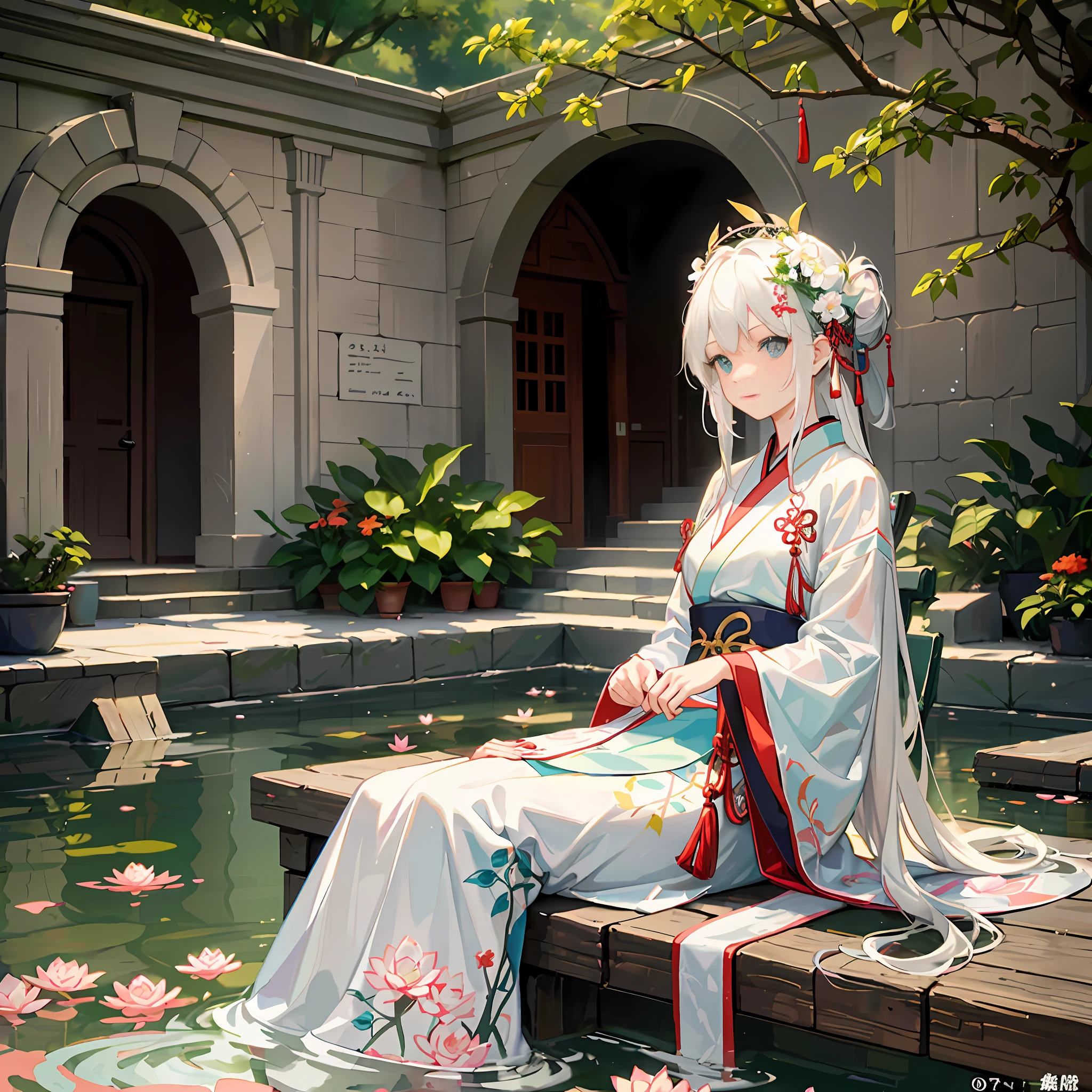 Two-dimensional, ancient style, spring garden, outdoor, white hair, Hanfu, there is a pond in the middle of the courtyard, begonia floating on the pond, the girl sits on the bench in the corridor, wearing a transparent feather robe, holding a paper fan, elegant posture, the best quality, light and shadow rendering, 8K, masterpiece