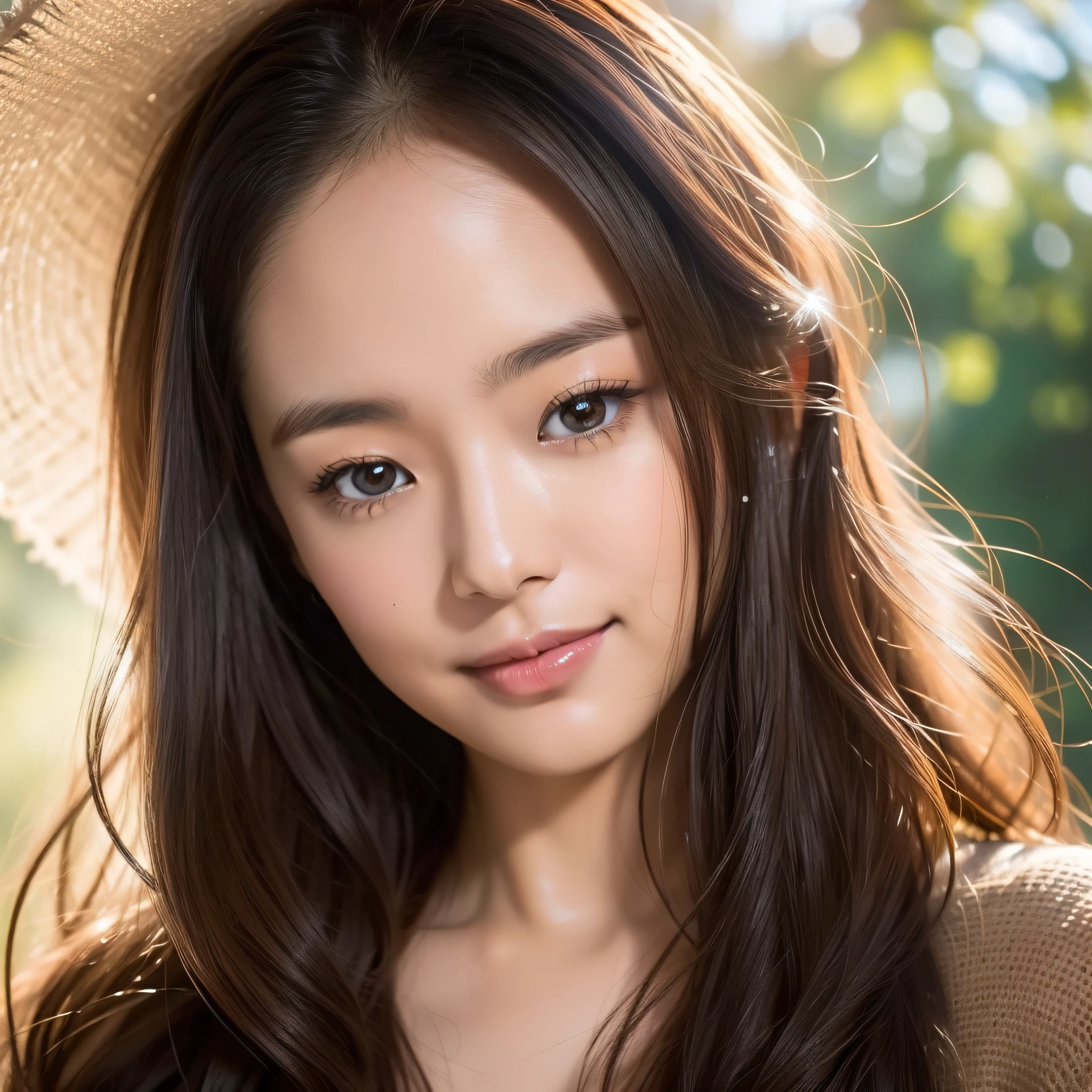 Beautiful Japan woman, nice perfect face with soft skin, small face with nose and rose-like lips, beautiful eyes, beautiful smile. Black, thin long beautiful hair bathed in a bright etheric glow, facing the front in the center, extreme close-up shot, beige ensemble knit and wide pants, bright colorful background, photorealistic, masterpiece, highest quality, ultra detail, HDR, 8K