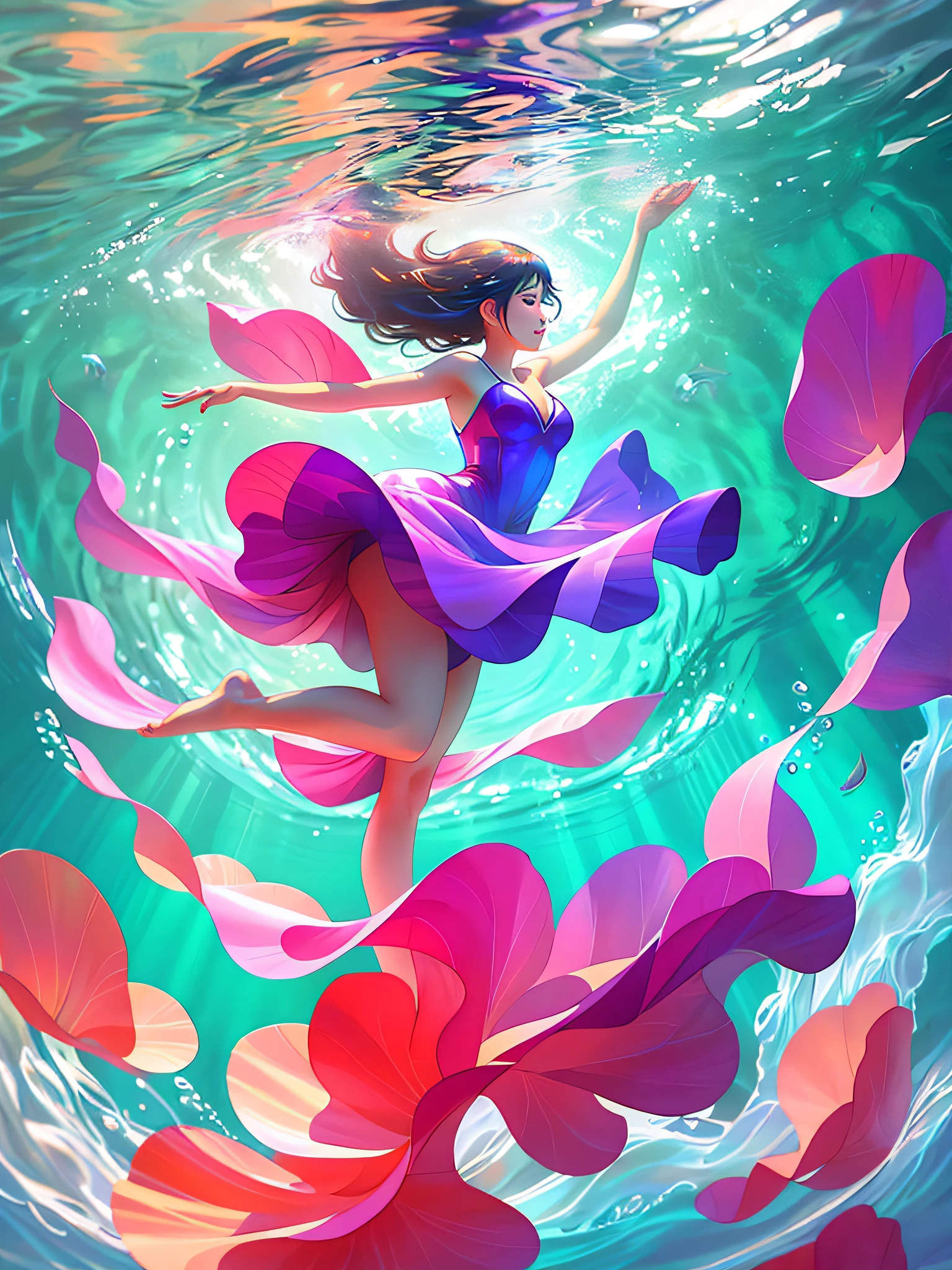 arafed image of a woman in a dress floating in the water, beautiful digital artwork, floating under water, beautiful digital illustration, stunning digital illustration, ross tran 8 k, artgerm and atey ghailan, a beautiful artwork illustration, beautiful gorgeous digital art, in style of cyril rolando, inspired by Ross Tran, underwater photography, by Alexander Kucharsky