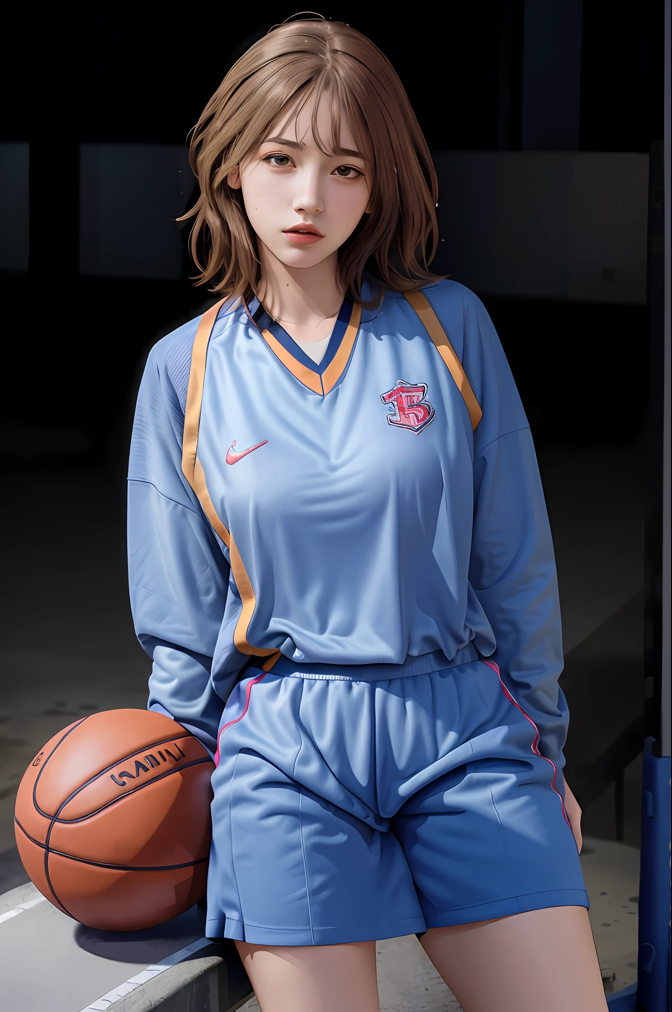 Best quality, masterpiece, ultra high res, portrait, (photorealistic:1.4), raw photo, 1girl, French Bob, wearing basketball uniform, basketball court background, detailed face textures