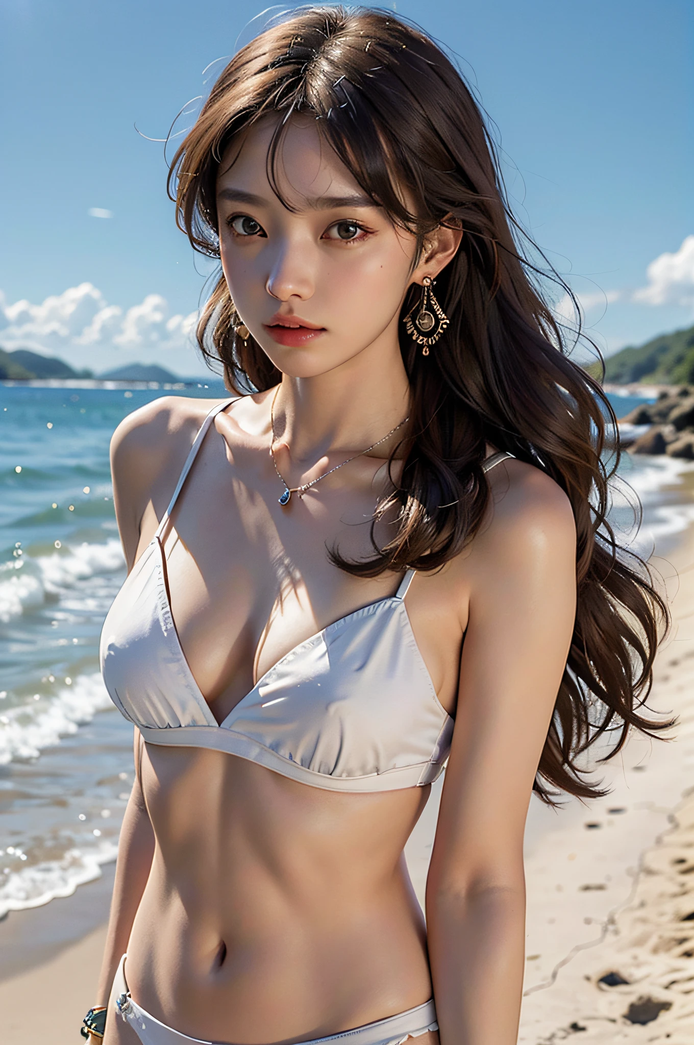 8yk, raw photo, (masterpiece), (best quality), hi-res, (one girl), (realistic, photorealistic: 1.2), ultra-detailed physically based rendering, necklace, earrings, air bangs, hair ornaments, sunset, collarbone, wristband, navel, long hair, brown hair, ahoge, girl alone, medium breasts, beach, wavy hair, thin 、、、、