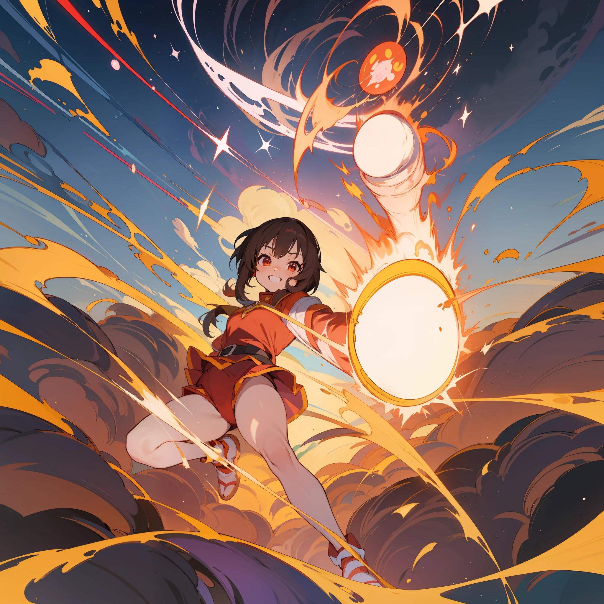 highly detailed, masterpiece, anime style, megumin from konosuba casting massive magical explosion, big happy grin