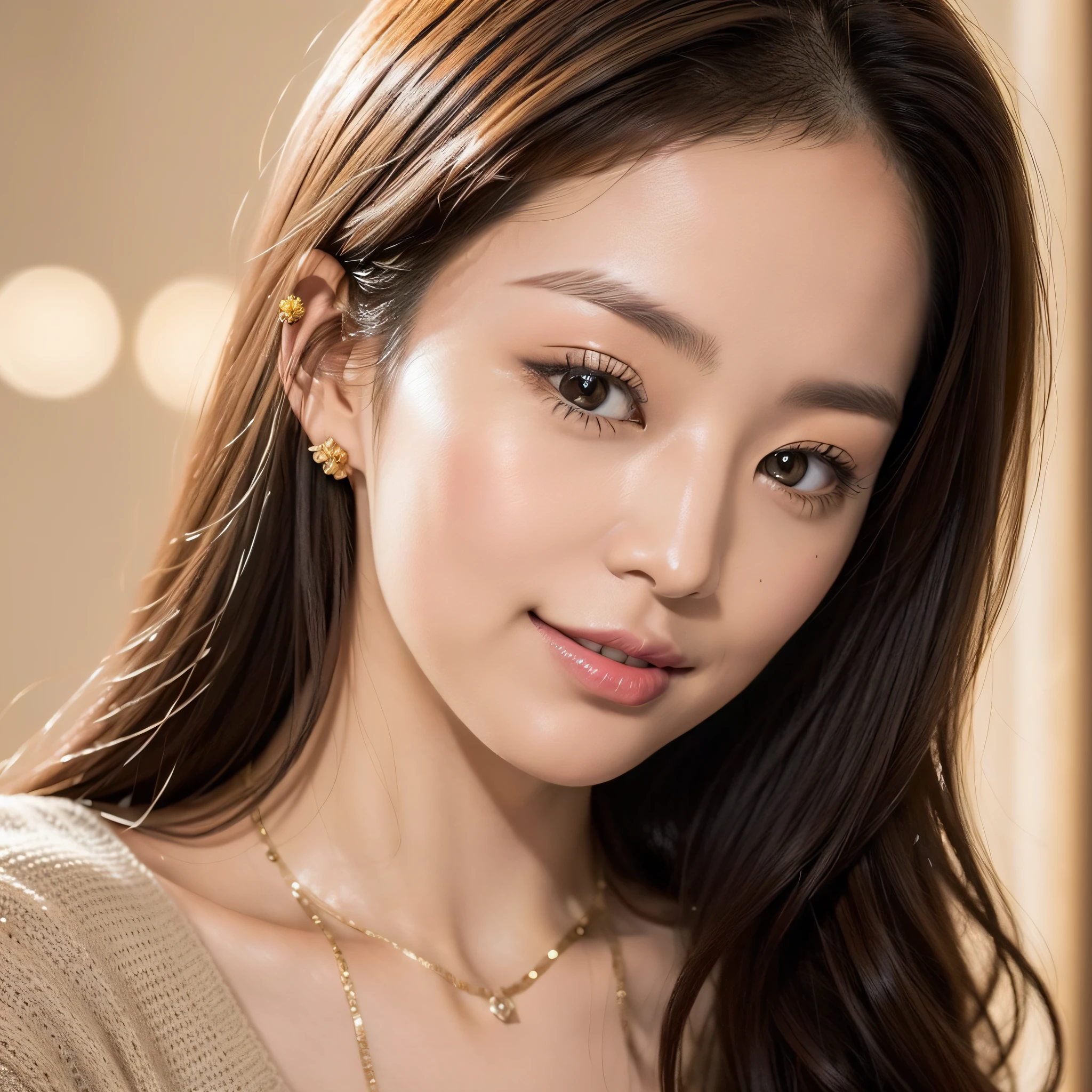 Beautiful Japan woman, nice perfect face with soft skin, small face with nose and rose-like lips, beautiful eyes, beautiful smile. Black, thin long beautiful hair bathed in a bright etheric glow, centered and facing forward, close-up shot, beige ensemble knit and wide pants, bright colorful background, photorealistic, masterpiece, highest quality, super detailed, HDR, 8K