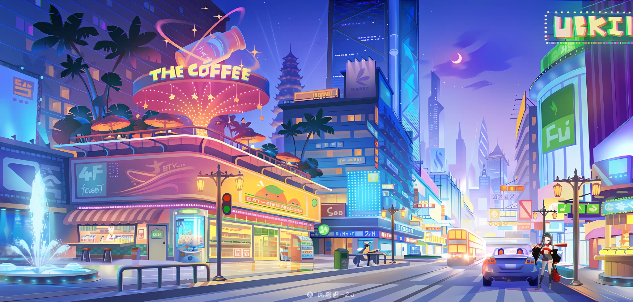 Cartoon city street view with neon signs and people walking on sidewalk, anime style cityscape, decorative art beyond anime aesthetics, theme is cyberpunk city market, futuristic street, futuristic city street, urban concept art, in cyberpunk city, stylized urban fantasy artwork, in fantasy sci-fi city, anime landscape concept art, cyberpunk dreamland, hd anime cityscape, Shinkai Makoto style, Shinkai Makoto style art, Shinkai Makoto style scene