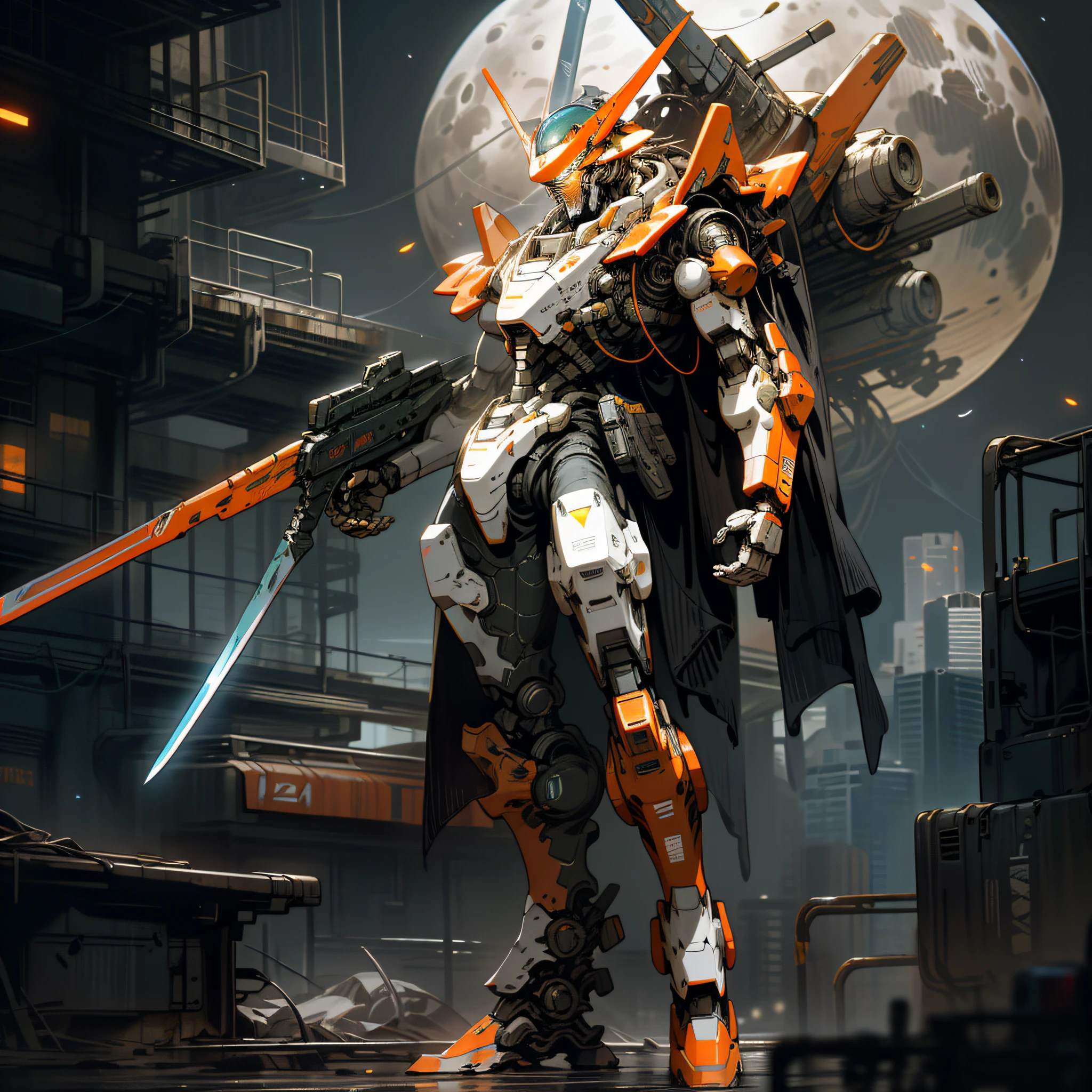 On the moon,barren planets, ruins, holding_weapon, no_humans, glowing, robot, building, glowing_eyes,orange mecha, science_fiction, city, realistic,mecha,Milky Way Galaxy background,full body,neon,cyberpunk,