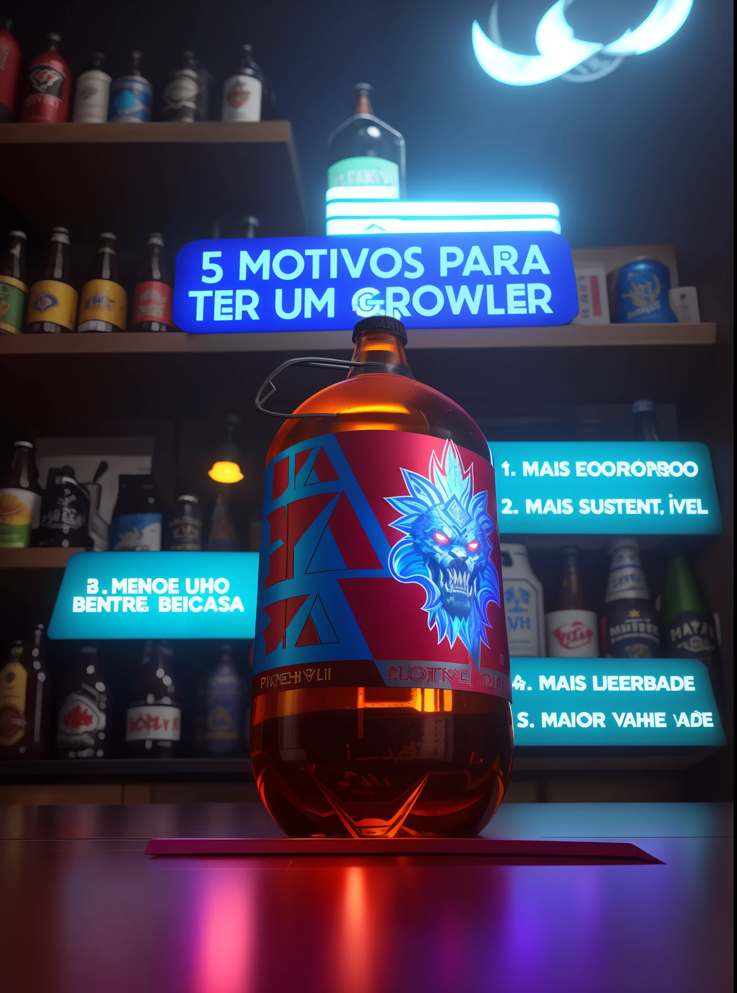 there is a bottle of beer on a counter with a sign above it, piltover, kitava, braavos, smoth, product photo, lobo, motu, 6 pack, mohawk, description, behemoth, 🚀🌈🤩, promotional, product - view, promo, ad image, mowhawk, smokey, pack, thumbnail