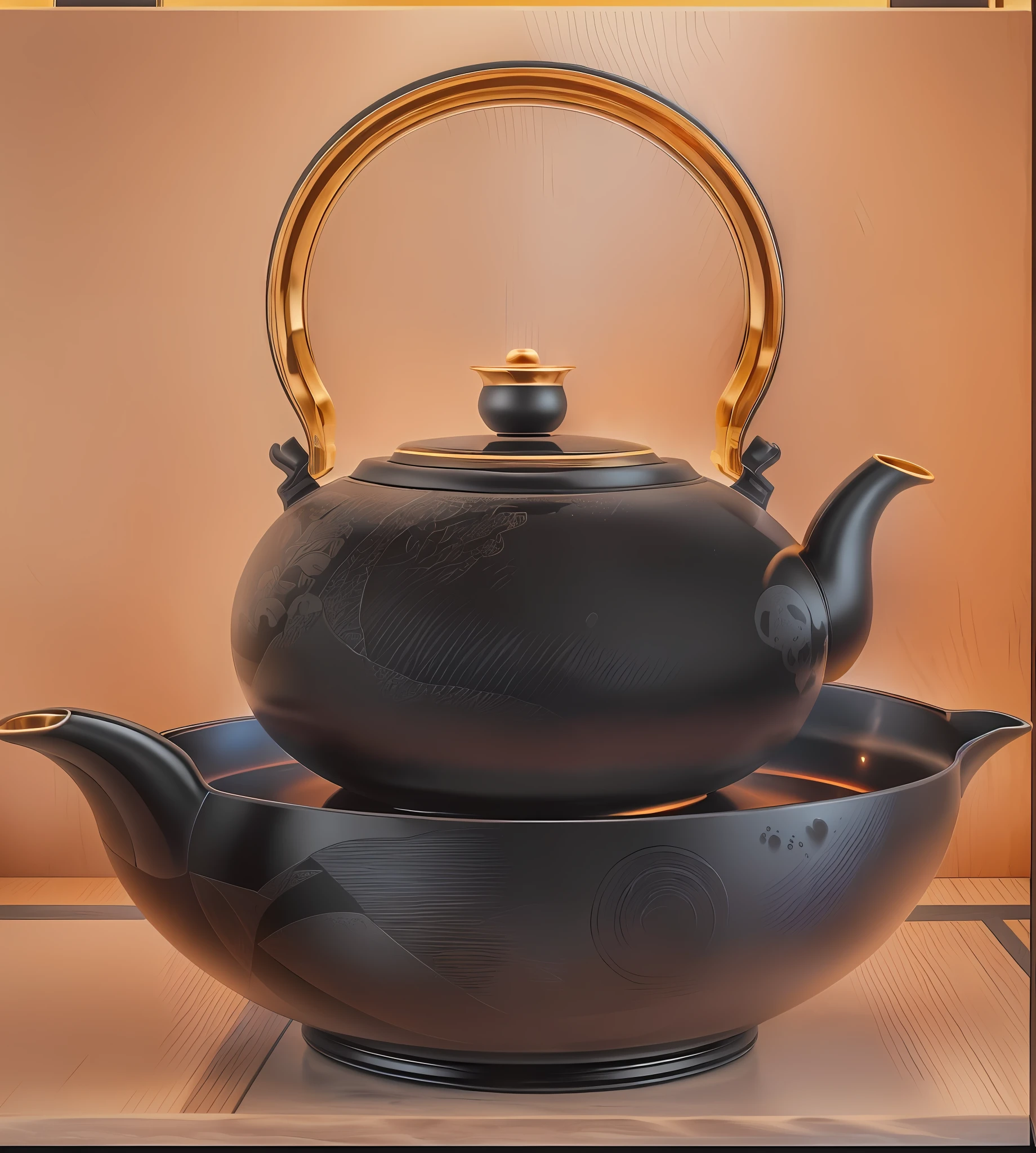 A black teapot is placed on the bowl, and there is a large black kettle on the hearth, kettle, teapot, teapot: 1, rendering art, beautiful rendering, corona rendering, high polygon Vray rendering, black lacquer, rendering illustration, vray rendering, inspired by Shomon Tensho, rendering in Arnold, teapot, Japanese tea ceremony style,