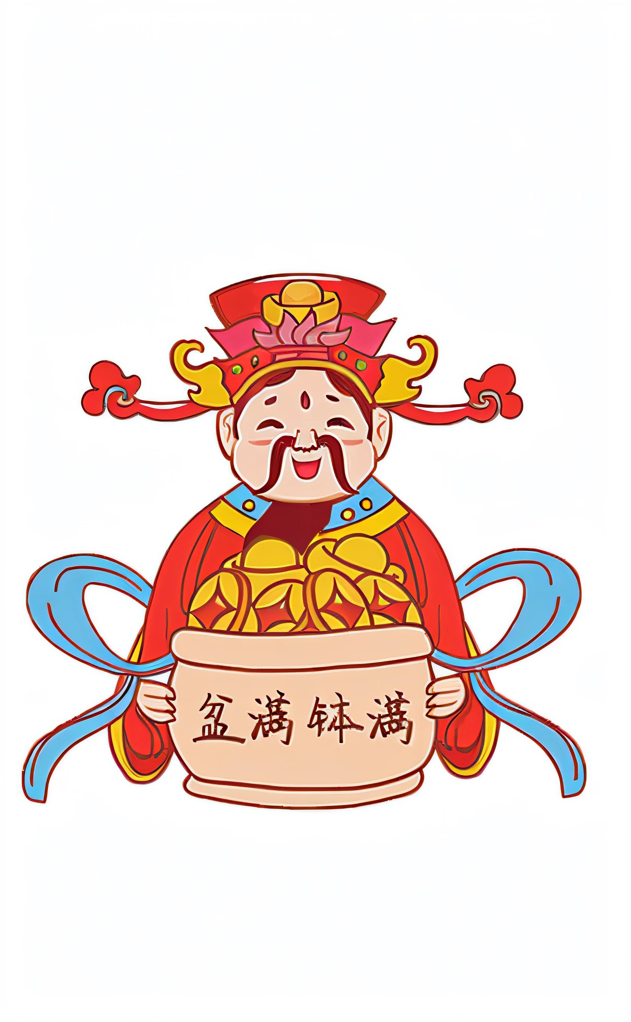 a cartoon of a man holding a bucket of gold, god of wealth, 千 葉 雄 大, 中 国 鬼 节, 中 元 节, inspired by Pu Hua, peking opera, very very happy!, chinese heritage, traditional chinese, chinese costume, taoist priest
