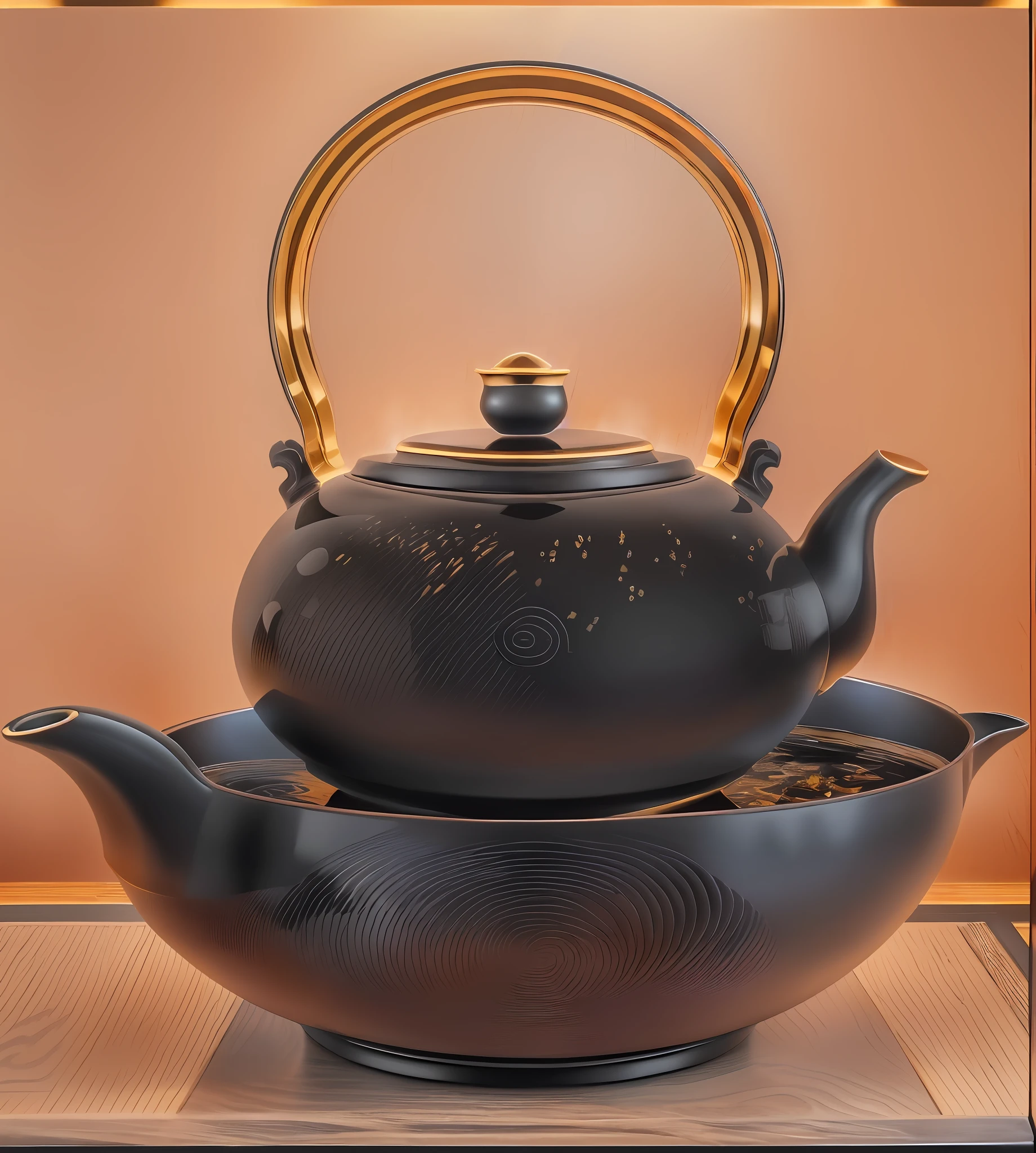 A black teapot is placed on the bowl, and there is a large black kettle on the hearth, kettle, teapot, teapot: 1, rendering art, beautiful rendering, corona rendering, high polygon Vray rendering, black lacquer, rendering illustration, vray rendering, inspired by Shomon Tensho, rendering in Arnold, teapot, Japanese tea ceremony style,