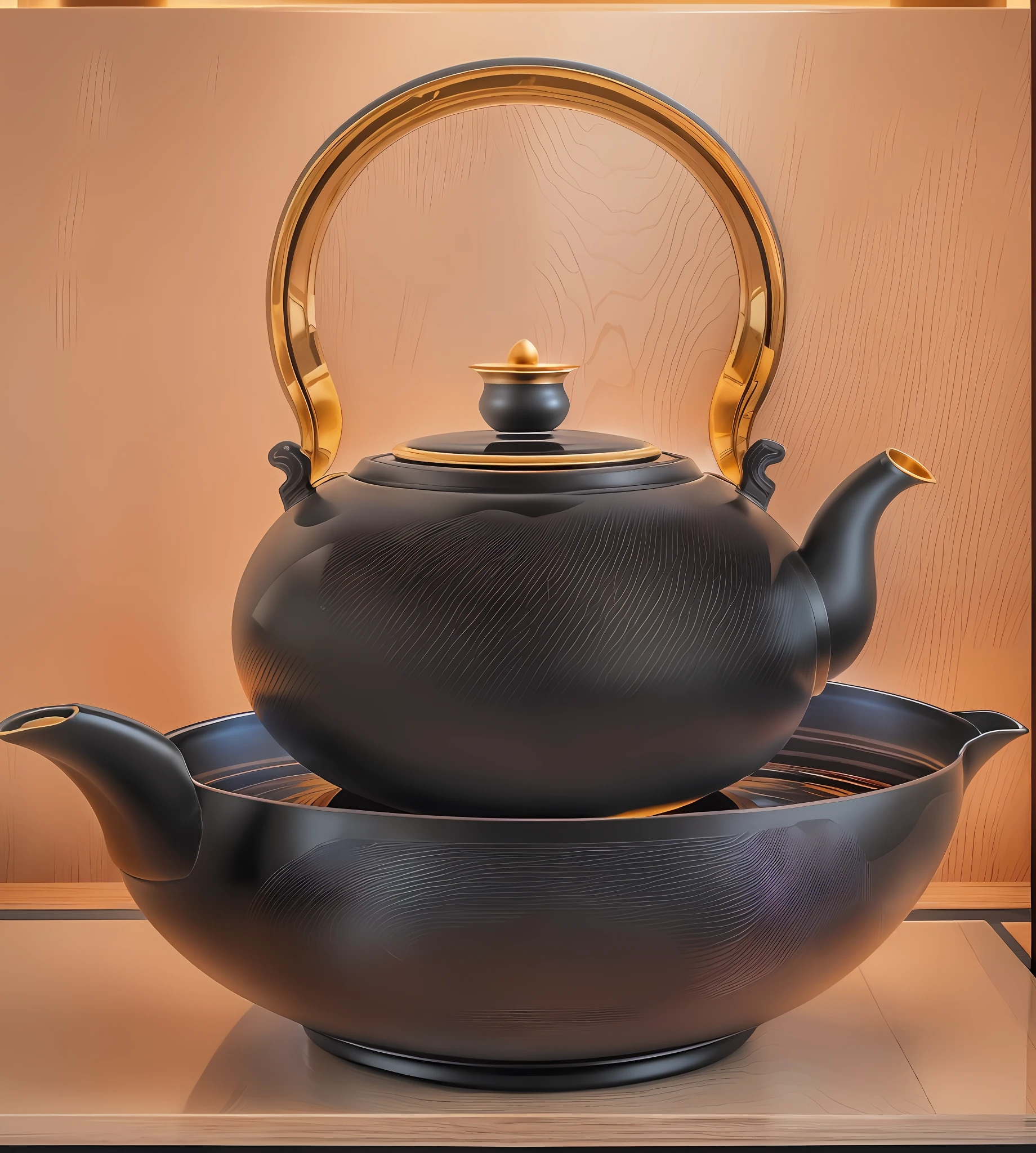A black teapot is placed on the bowl, and there is a large black kettle on the hearth, kettle, teapot, teapot: 1, rendering art, beautiful rendering, corona rendering, high polygon Vray rendering, black lacquer, rendering illustration, vray rendering, inspired by Shomon Tensho, rendering in Arnold, teapot, Japanese tea ceremony style,