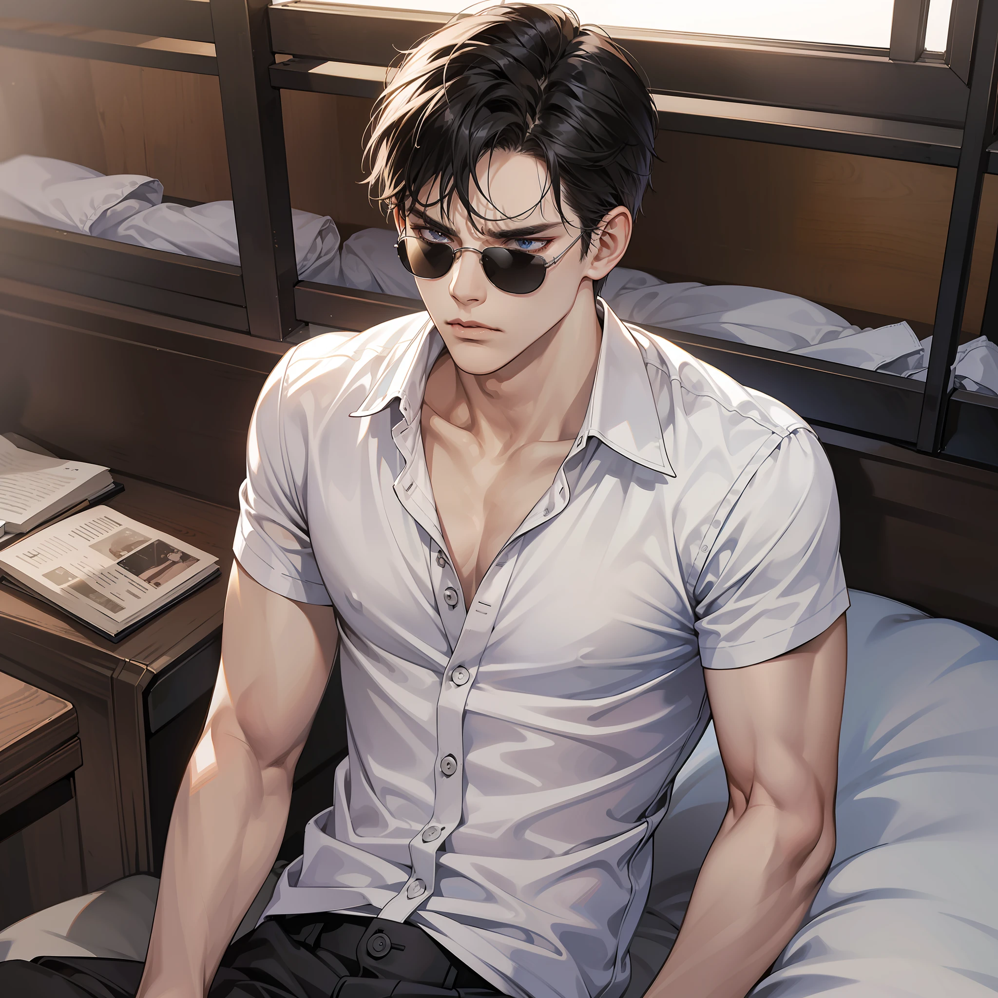 Masterpiece, high quality, best quality, HD, realistic, perfect lighting, detailed face, detailed body, 1 man, short black hair, white shirt, (angry expression: 1.5) (face angry: 1.5), sitting on bed with sunglasses, school dormitory, bunk bed