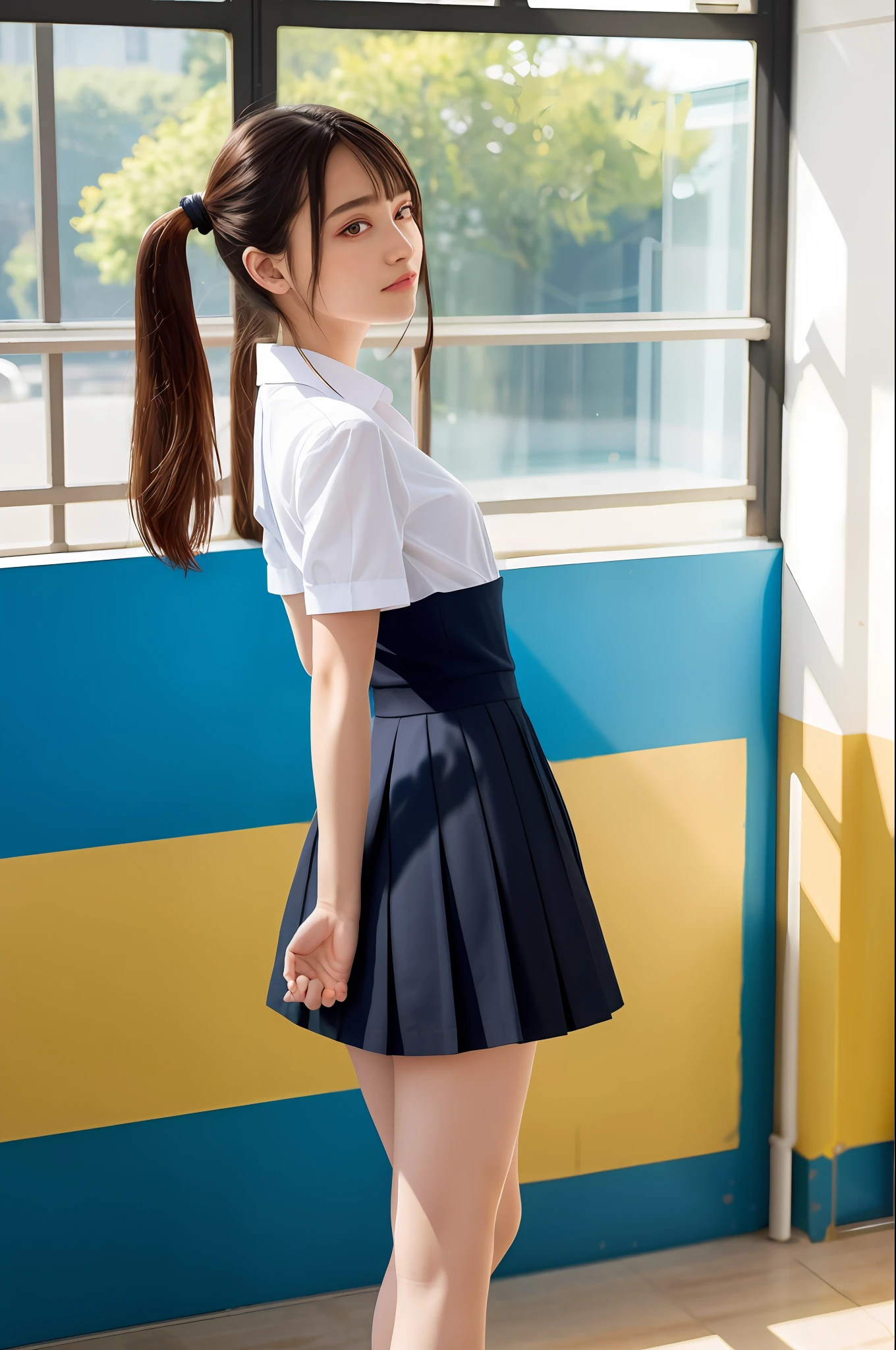 masterpiece, top quality, ultra high definition, colorful, flat color, depth of field, lens flare
1 girl, black hair, watching viewer, 18 years old, school, classroom, pleated mini skirt, school uniform, serapuk, detailed touch, detailed fabric texture, beautiful detailed face, full body, from below, from behind, showing legs
