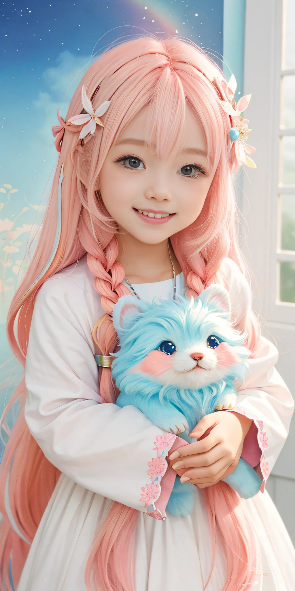 An illustration of a chibi from Sky: Children of Light, vibrant warm smile , white nice teeth, long strand pink hair, featuring vibrant colors and whimsical details, evoking a sense of wonder and magic. The color temperature is warm, enhancing the cozy atmosphere, while the chibi wears a joyful expression. Soft lighting accentuates the character's charm and innocence. --v 5 --stylize 1000