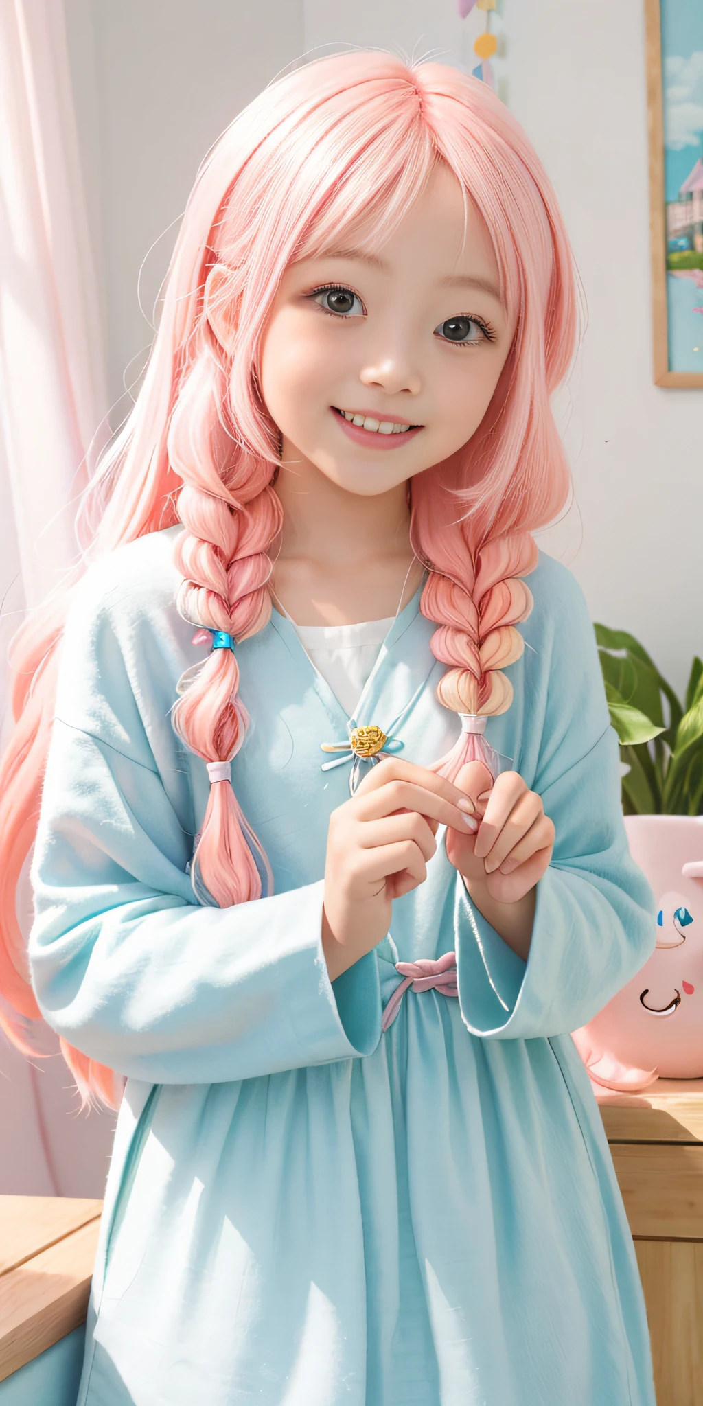 An illustration of a chibi from Sky: Children of Light, vibrant warm smile , white nice teeth, long strand pink hair, featuring vibrant colors and whimsical details, evoking a sense of wonder and magic. The color temperature is warm, enhancing the cozy atmosphere, while the chibi wears a joyful expression. Soft lighting accentuates the character's charm and innocence. --v 5 --stylize 1000