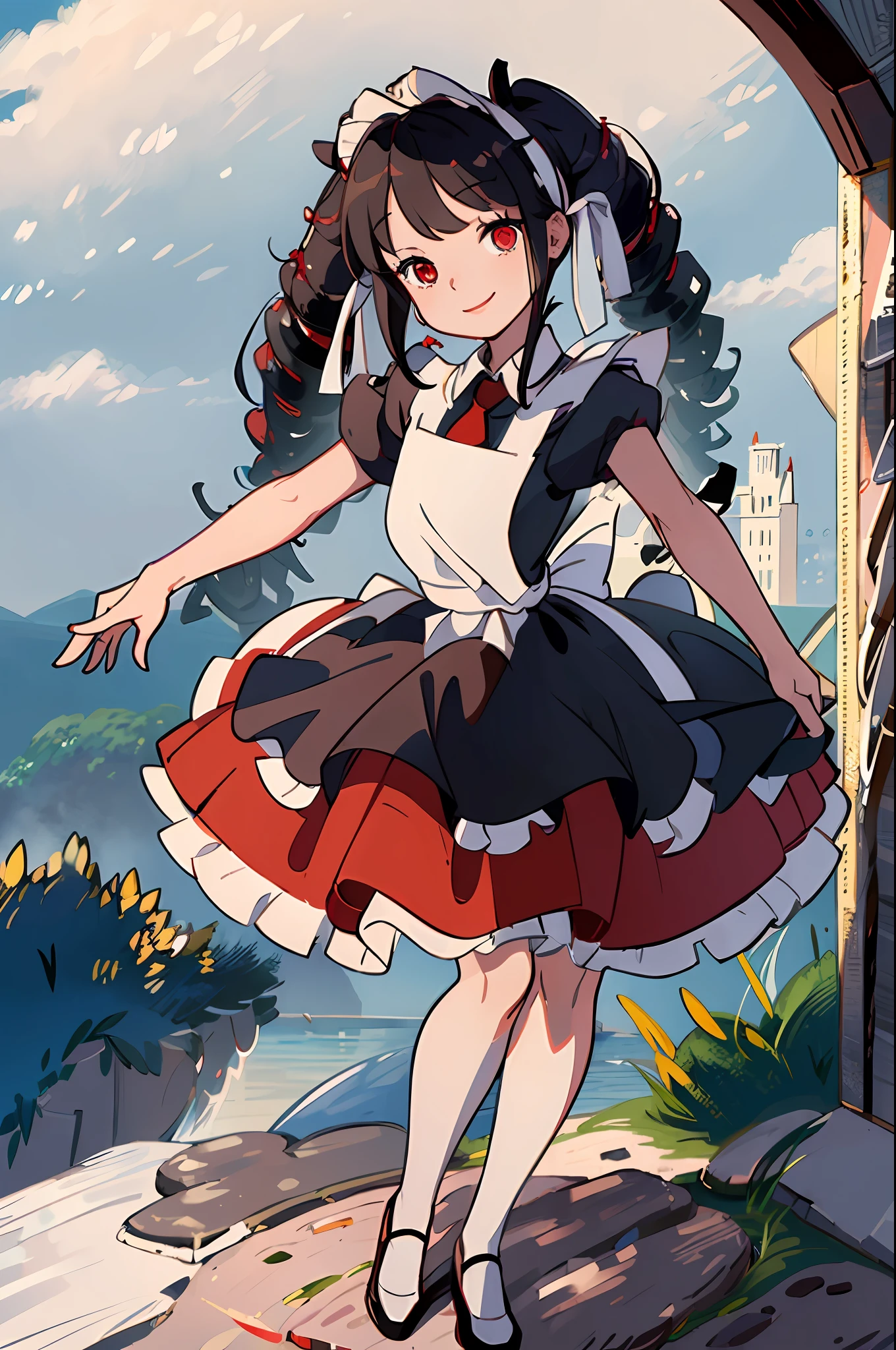 (masterpiece:1.4), (best qualit:1.4), (high resolution:1.4), Celestia Ludenburg, has black hair in two large twin-drill pigtails, red eyes, black dress, white apron, black hairband, smile, looking at viewer,