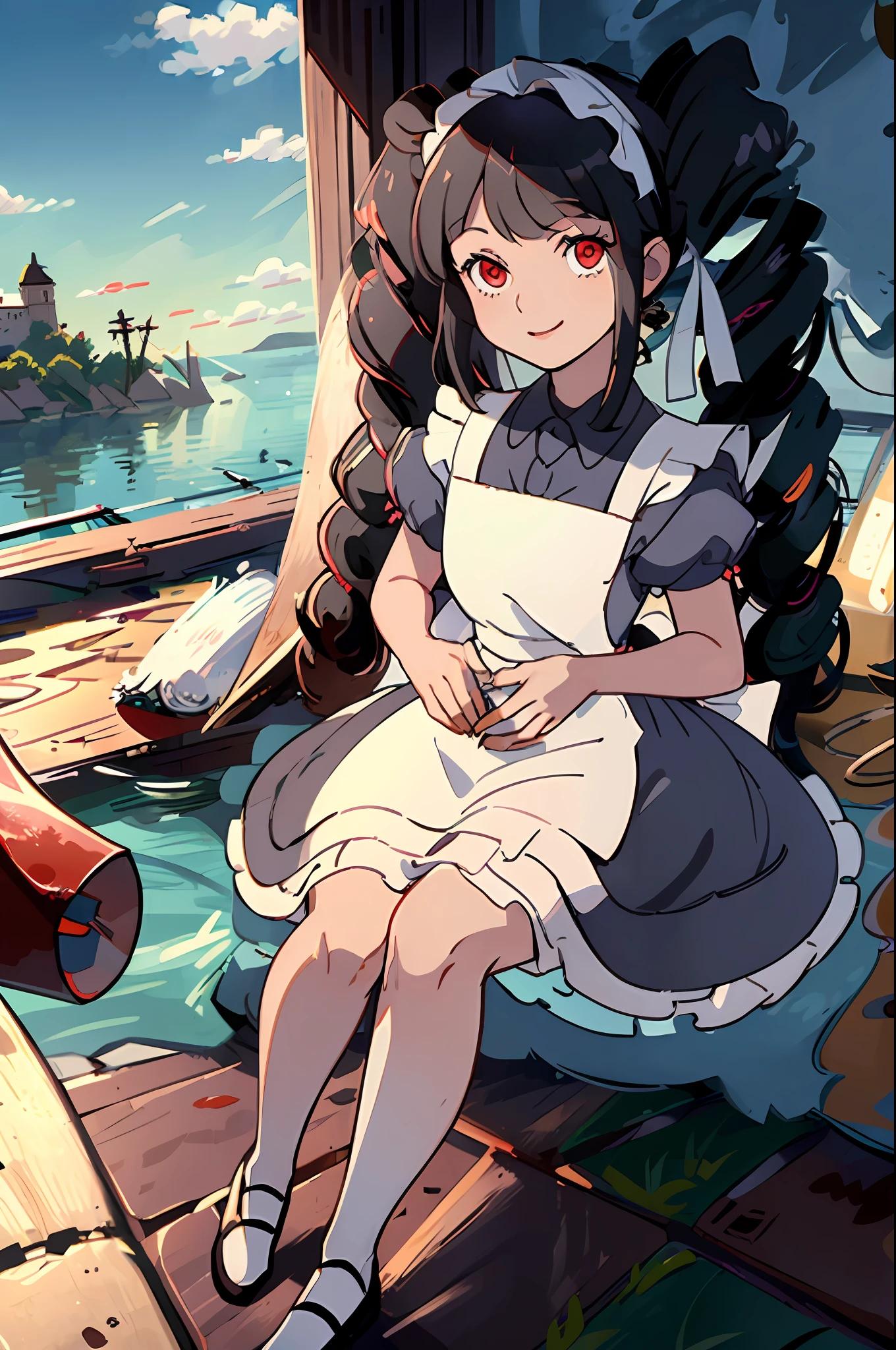 (masterpiece:1.4), (best qualit:1.4), (high resolution:1.4), Celestia Ludenburg, has black hair in two large twin-drill pigtails, red eyes, black dress, white apron, black hairband, smile, looking at viewer,