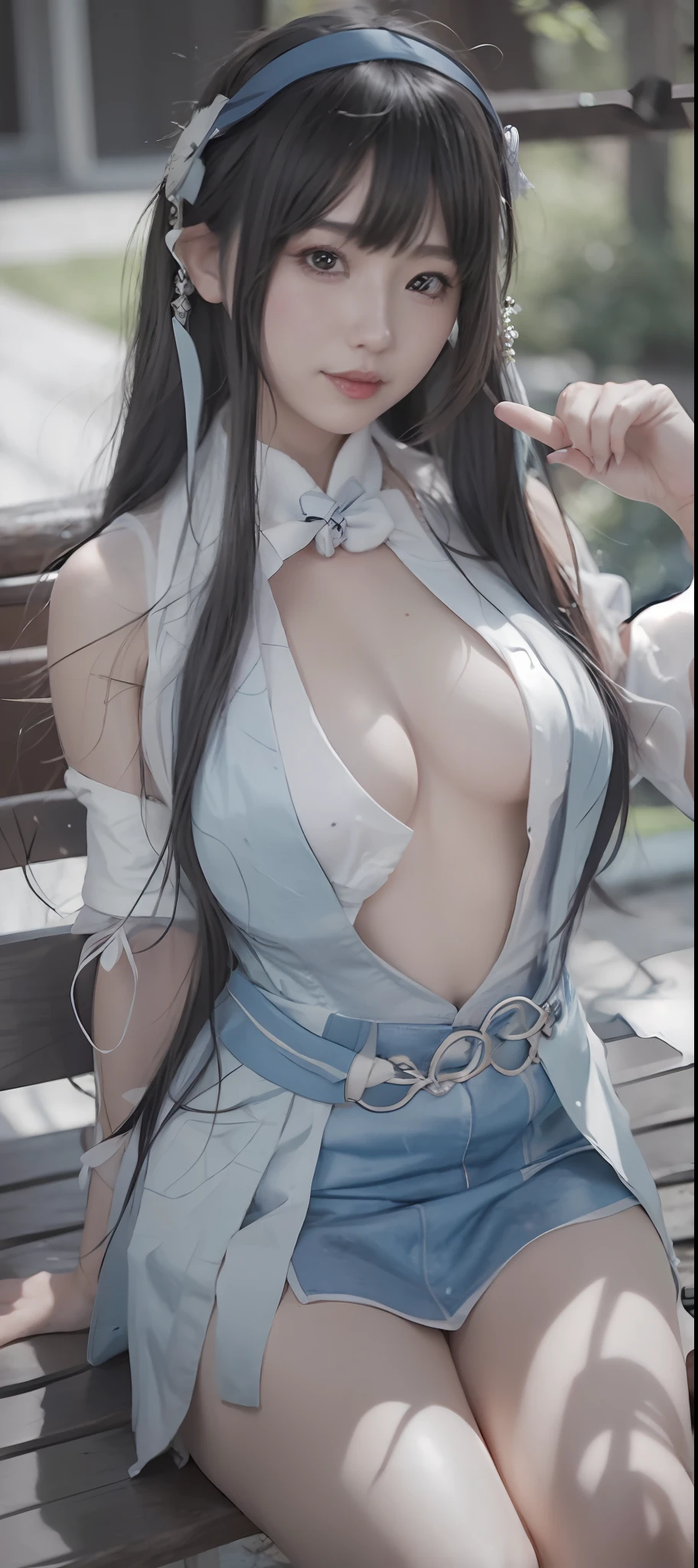 There is a woman sitting on a bench, anime girl cosplay, cosplay, anime cosplay, cosplay photo, Sakimichan Frank Franzzeta, Irelia from League of Legends, Sakimichan, reality cosplay, by Leng Mei, irelia, by Kamagurka, fine details. Anime, seductive portrait of Tifa Lockhart, exposed cleavage, big breasts, exposed navel, smile, slightly fat, best quality, 8k