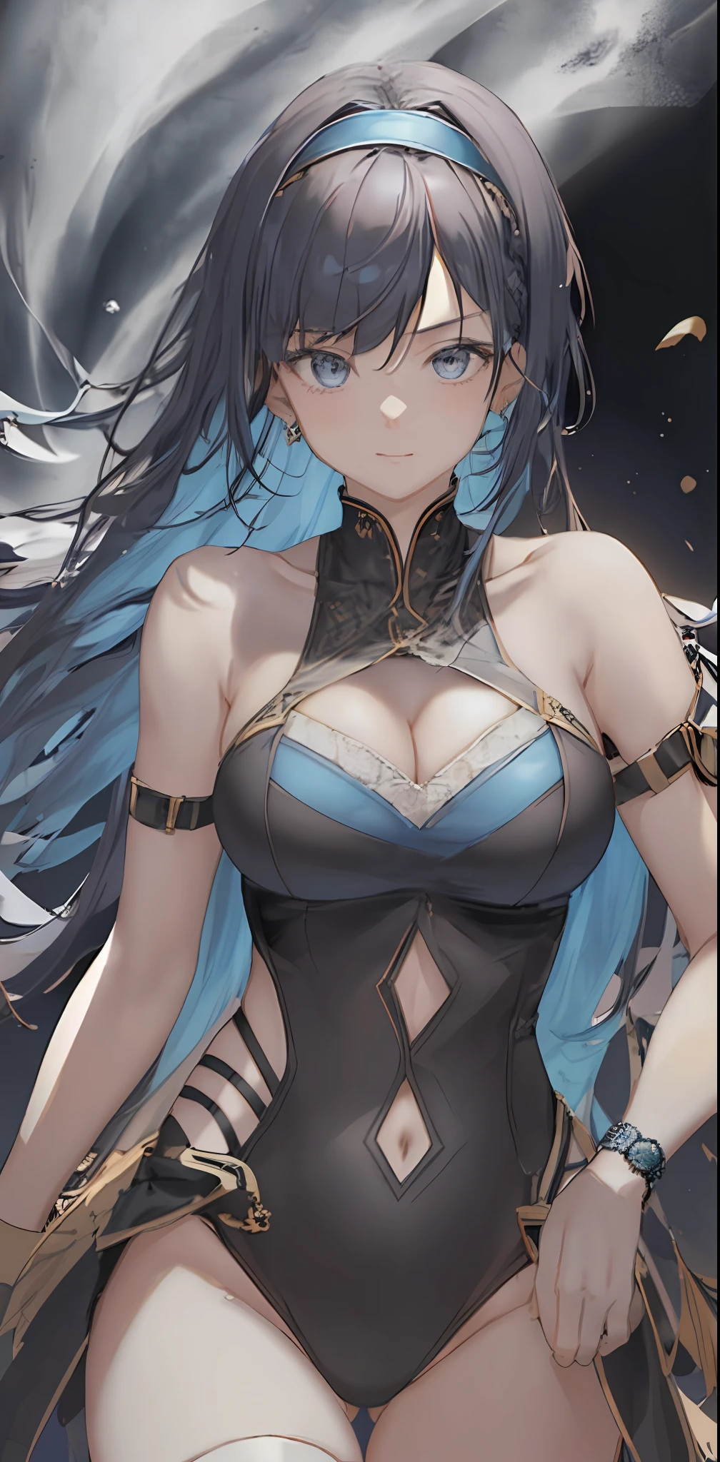 ((masterpiece, best quality)), (1girl),((mature female)), blue hair, hairband, bangs, long hair, two piece strapless suit, __location__, leotard, , black hairband, shoulder cutout, black thitying hair,curvy,cleavage,confident,