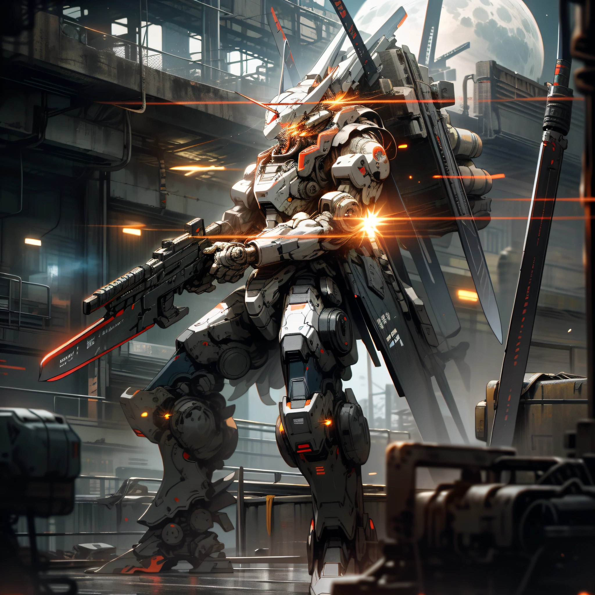 On the Moon, Barren Planet, Ruins, Holding Weapons, No Humans, Glowing, Robots, Buildings, Glowing Eyes, Red Mech, Science Fiction, Cities, Reality, Mecha, Galactic Background, Full Body, Neon, Cyberpunk,