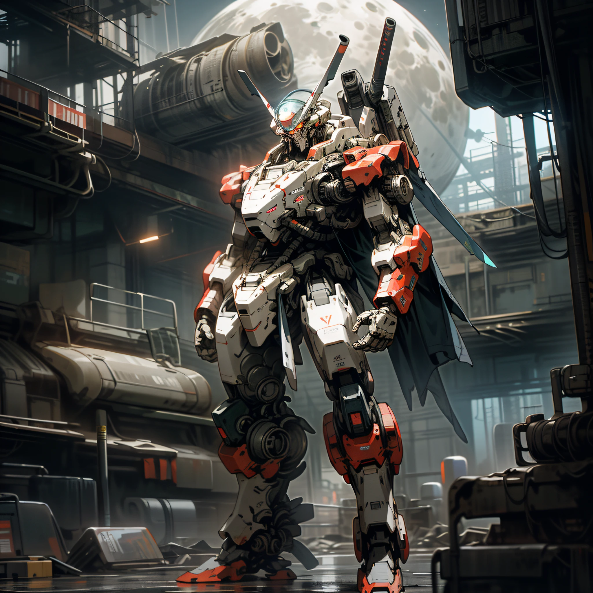On the Moon, Barren Planet, Ruins, Holding Weapons, No Humans, Glowing, Robots, Buildings, Glowing Eyes, Red Mech, Science Fiction, Cities, Reality, Mecha, Galactic Background, Full Body, Neon, Cyberpunk,