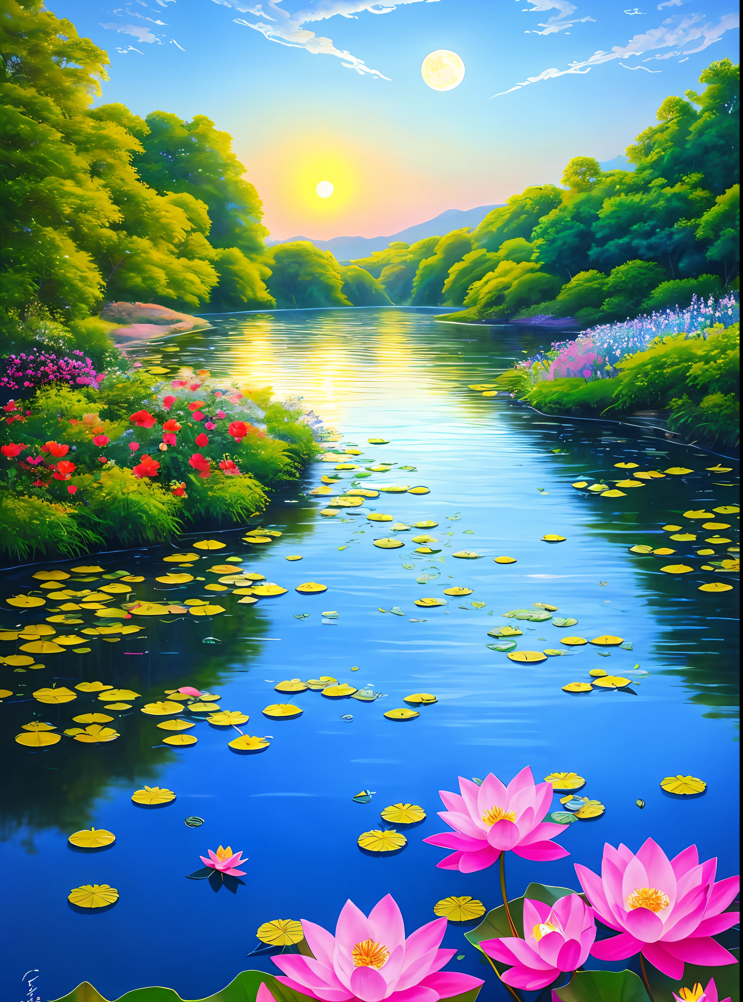 Masterpiece, best quality, highest quality, summer riverside, lotus leaves are infinitely blue, monthly flowers are splendid, gorgeous and boundless, a path winding and secluded, look up, the moonlight in the sky is washing, the full moon is in the sky, 8k hyper-realism, soft color scheme, soft lighting, golden hour,