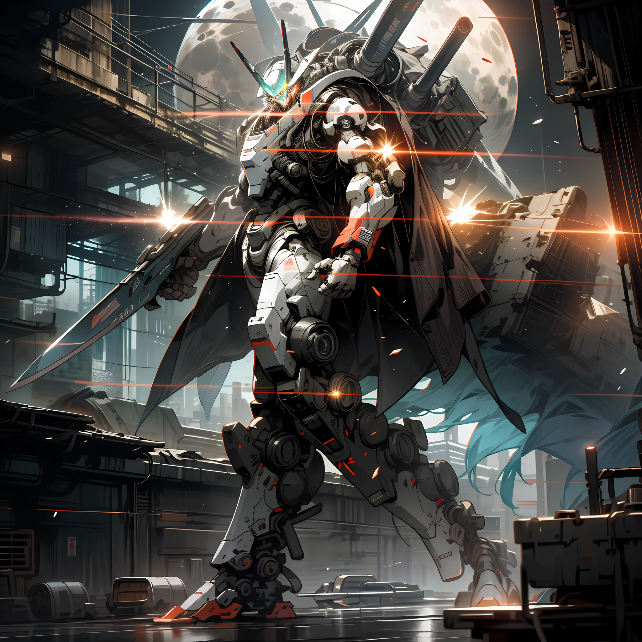 On the Moon, Barren Planet, Ruins, Holding Weapons, No Humans, Glowing, Robots, Buildings, Glowing Eyes, Red Mech, Science Fiction, Cities, Reality, Mecha, Galactic Background, Full Body, Neon, Cyberpunk,