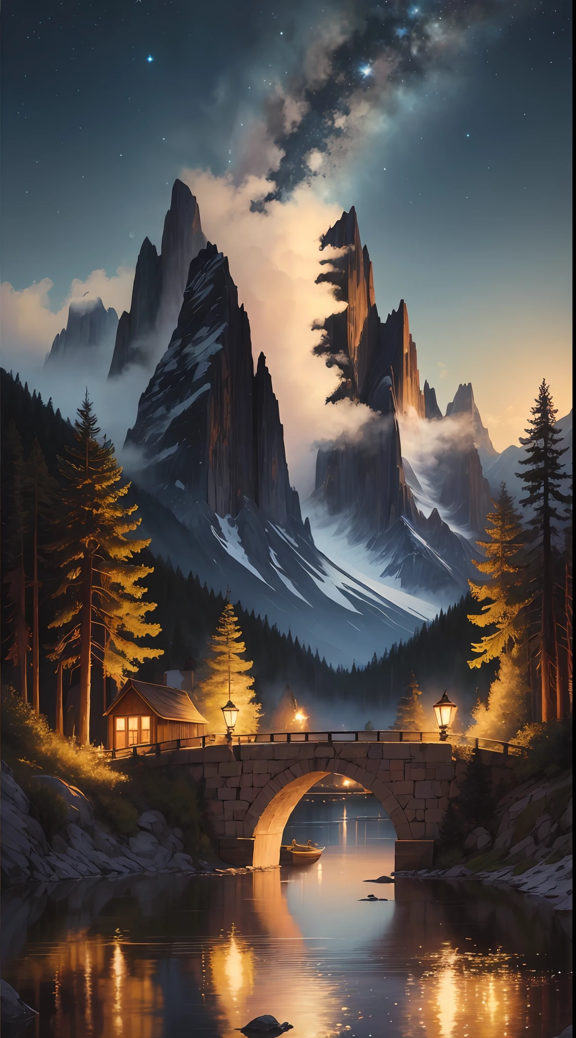 (((best quality))),(((ultra detailed))),(((masterpiece))),illustration, A breathtaking nighttime landscape with moonlight shining on mountains and lakes, stars twinkling in the sky, and a distant city glowing with soft lights. The whole scenery creates a peaceful and serene atmosphere, with a touch of mystery and romance. The brushstrokes and colors are delicate and harmonious, showcasing the artist’s exquisite skills in capturing the beauty of nature at night. This artwork is a perfect choice for home decor, adding a touch of tranquility and elegance to any room. The painting is by a renowned artist, featured in top galleries and exhibitions worldwide, and praised by art critics and collectors. It is a high-resolution digital painting, perfect for printing in large sizes and preserving all the details and beauty of the original artwork.